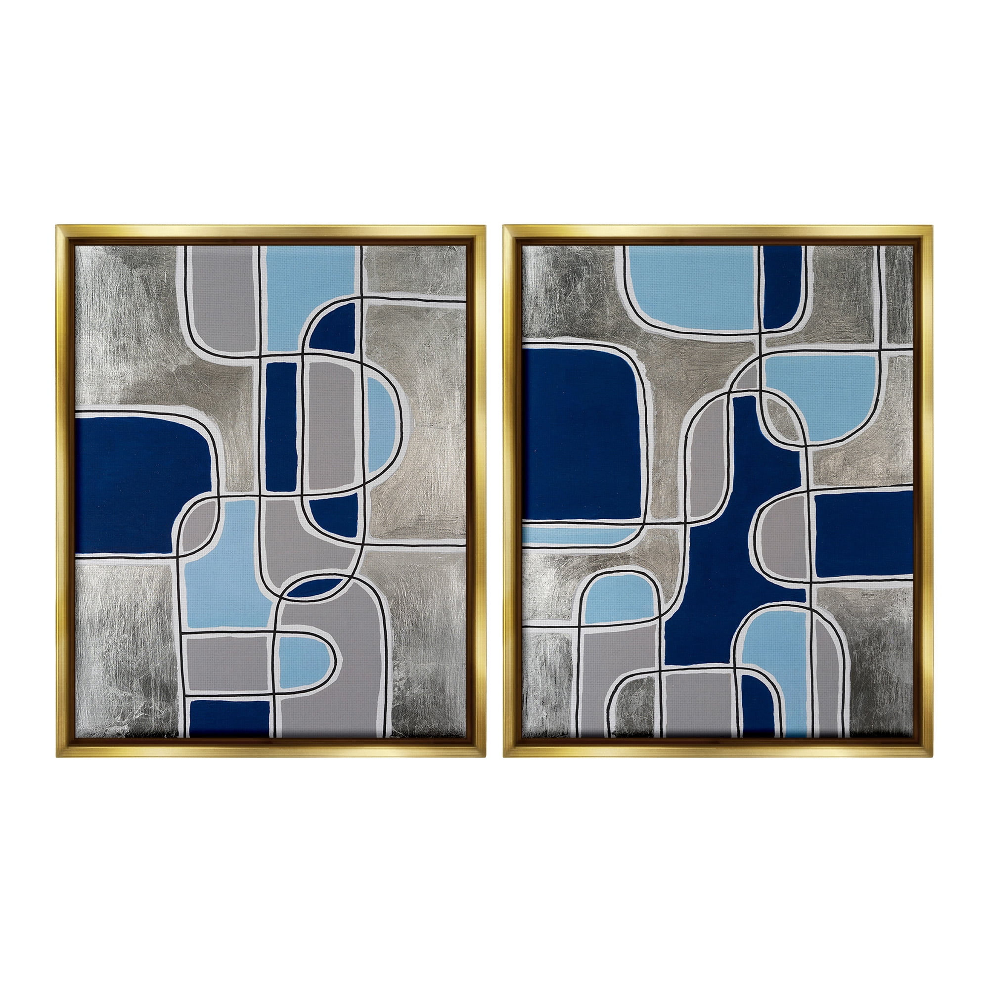 Stupell Industries Blue & Grey Geometrics Abstract Painting Gold Floater Framed Canvas Art Print Wall Art, 17 x 21, Set of 2
