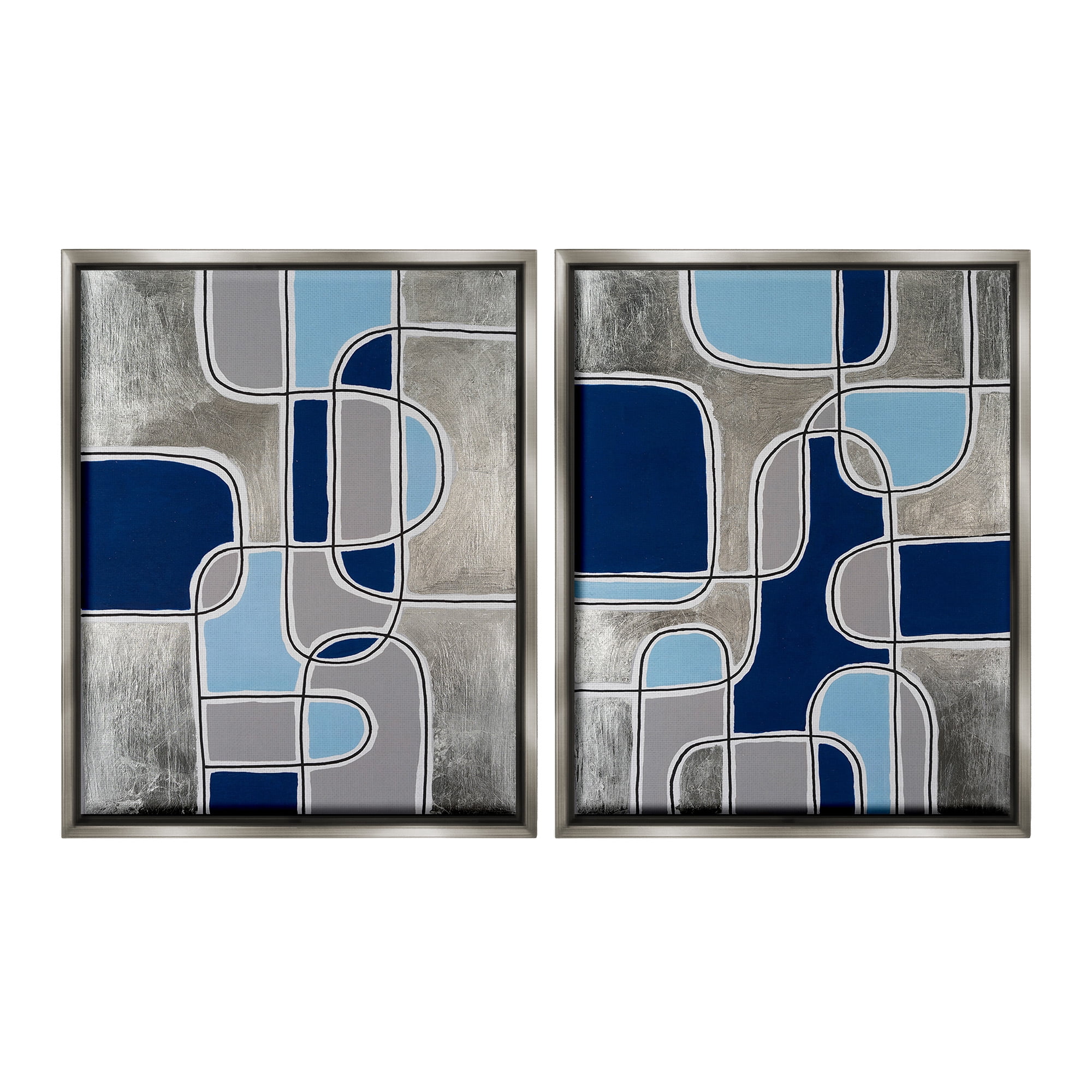 Stupell Industries Blue & Grey Geometrics Abstract Painting Gray Floater Framed Canvas Art Print Wall Art, 25 x 31, Set of 2