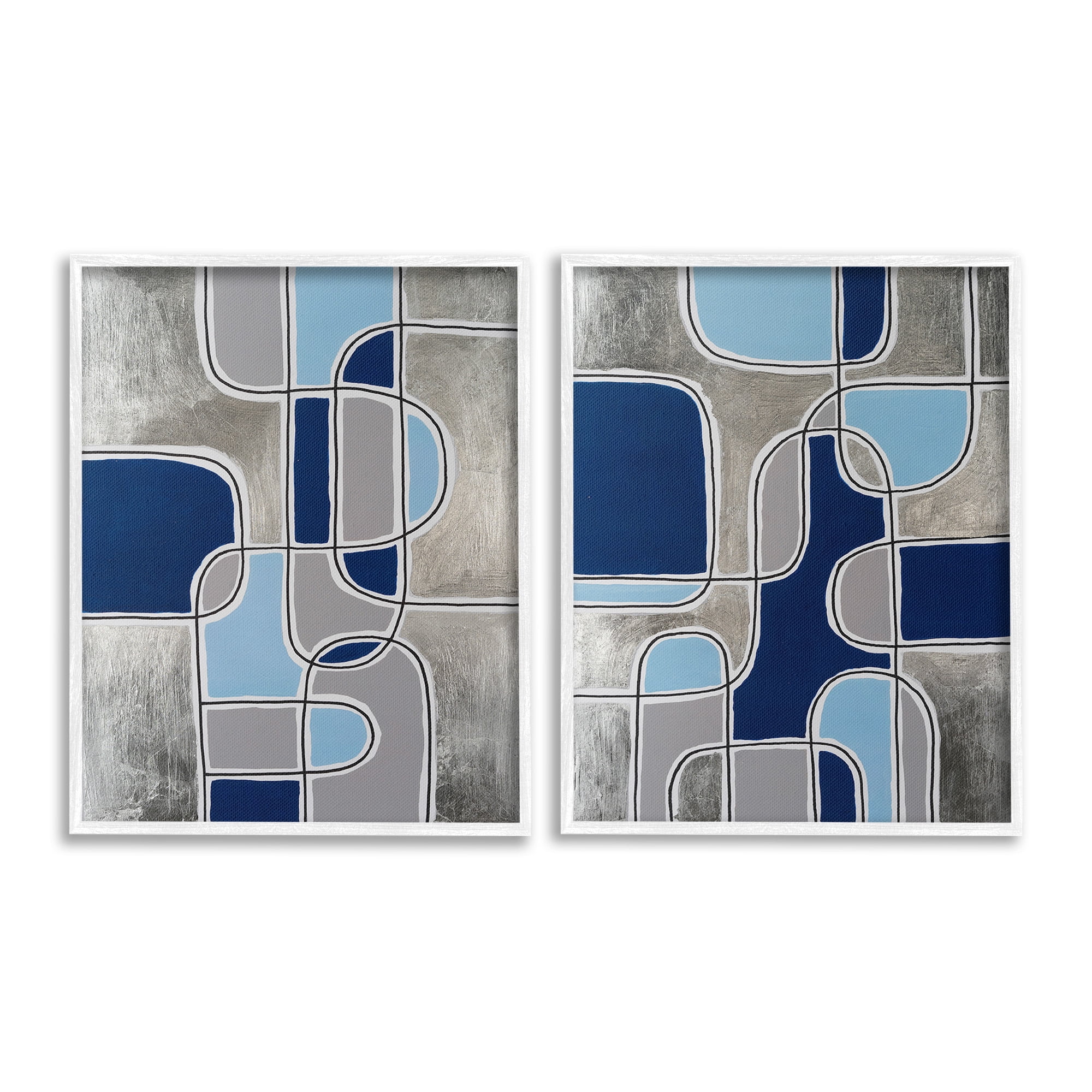 Stupell Industries Blue & Grey Geometrics Abstract Painting White Framed Art Print Wall Art, 16 x 20, Set of 2