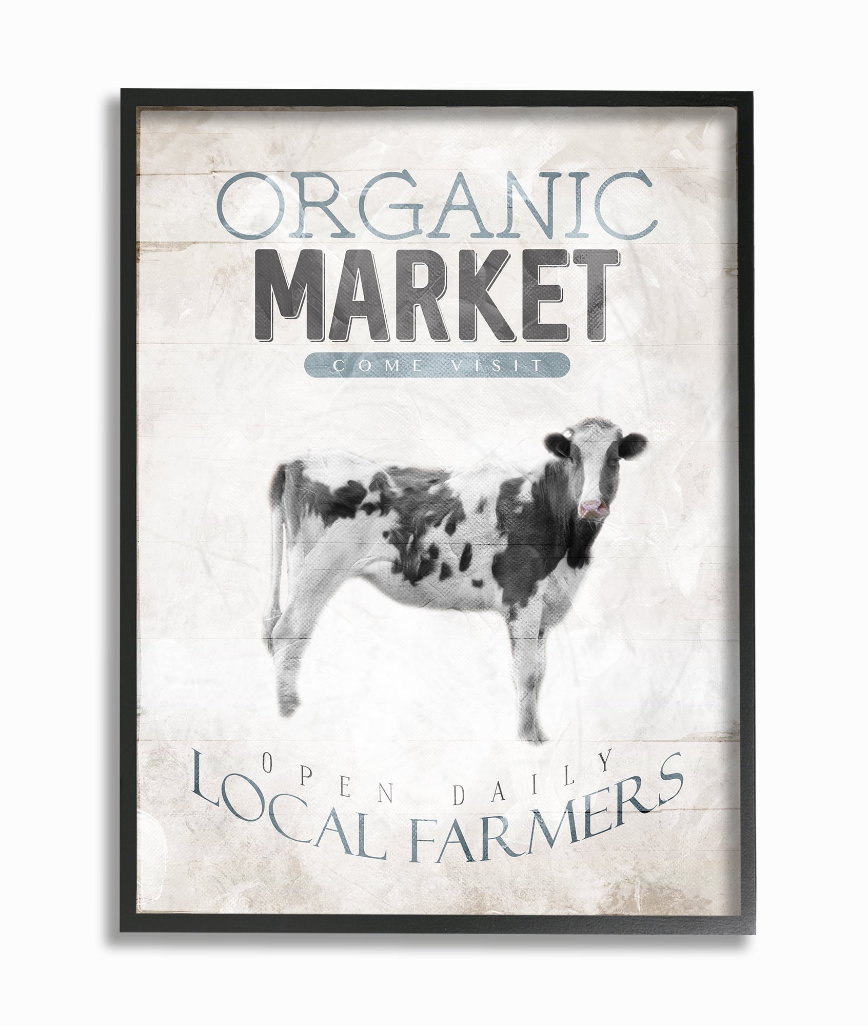 Stupell Industries Blue Grey and White Organic Market Local Farmers Cow Novelty Painting Black Framed Art Print Wall Art, 16 x 20
