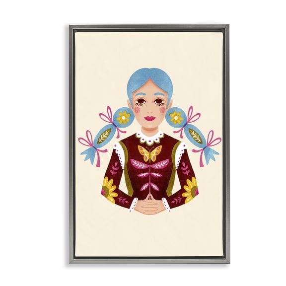 Stupell Industries Blue Haired Girl Portrait Portrait Painting Gray Floater Framed Canvas Art Print Wall Art, 17 x 25