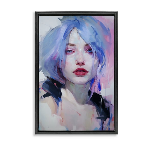 Stupell Industries Blue Haired Woman Visage Novelty Painting Black Floater Framed Art Print Wall Art, 21 x 31