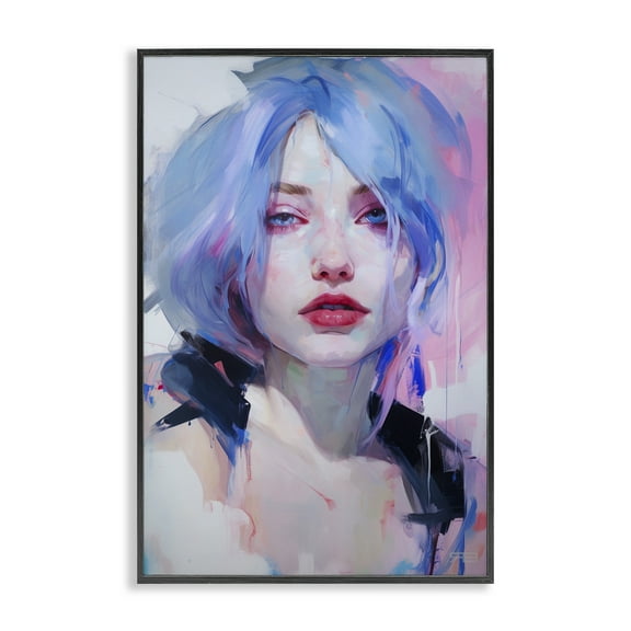 Stupell Industries Blue Haired Woman Visage Novelty Painting Black Framed Art Print Wall Art, 12 x 18