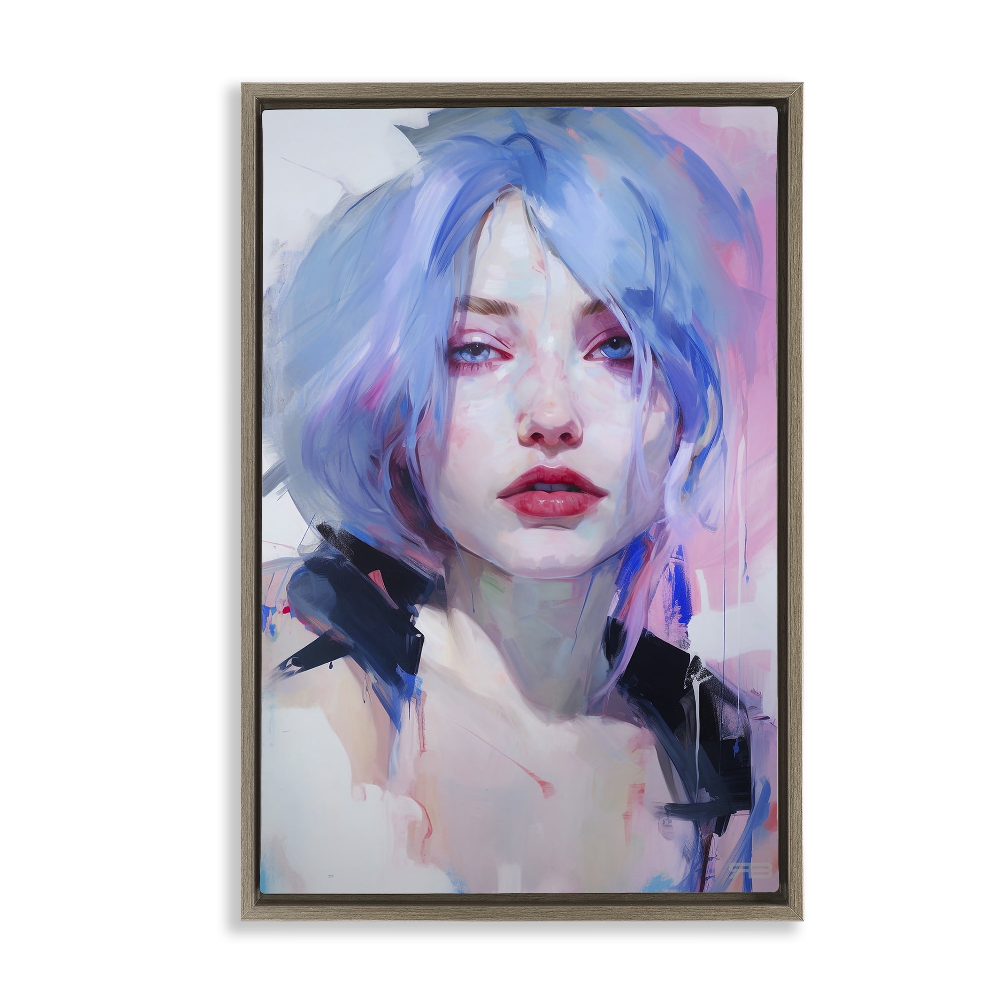 Stupell Industries Blue Haired Woman Visage Novelty Painting Brown Floater Framed Art Print Wall Art, 17 x 25