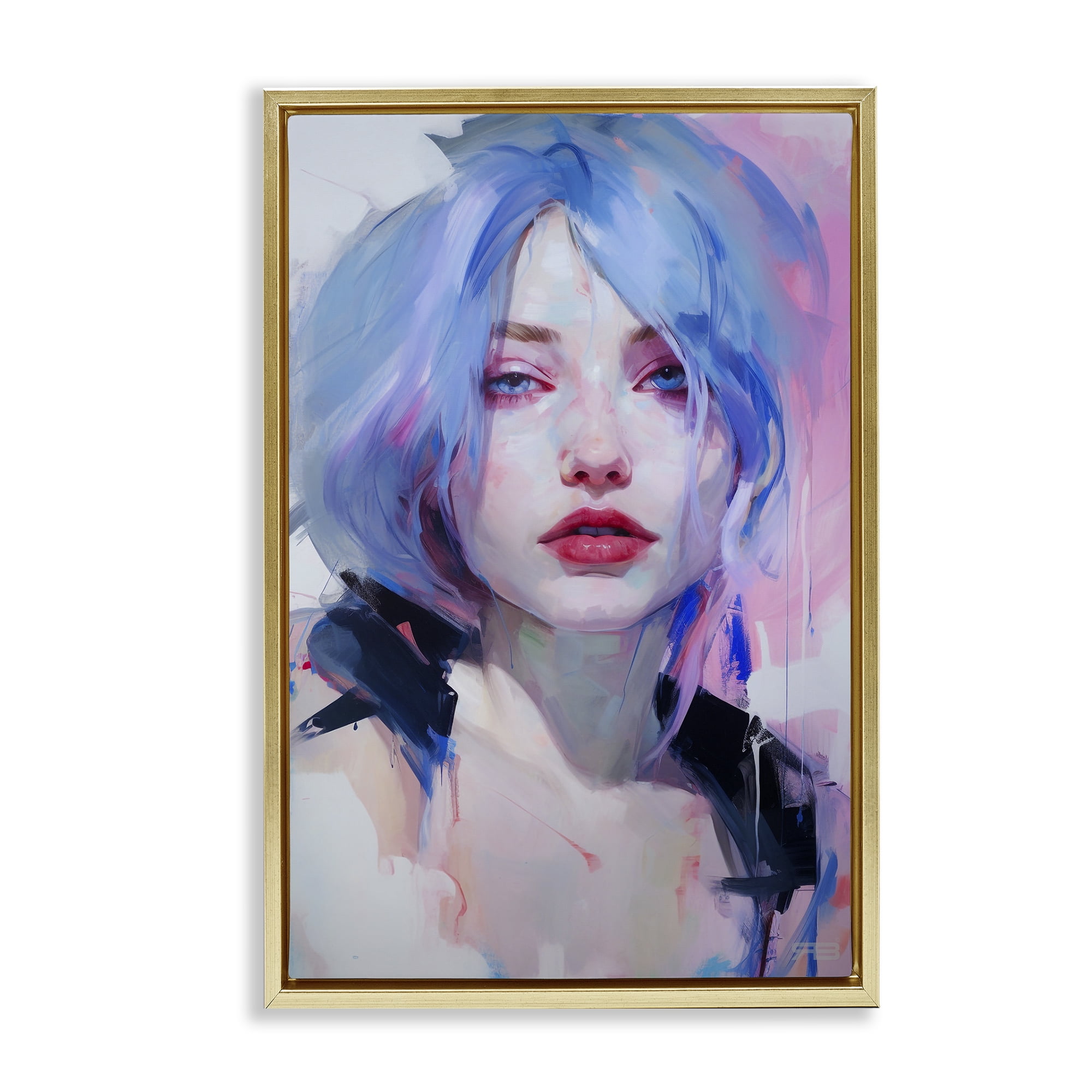 Stupell Industries Blue Haired Woman Visage Novelty Painting Gold Floater Framed Art Print Wall Art, 17 x 25