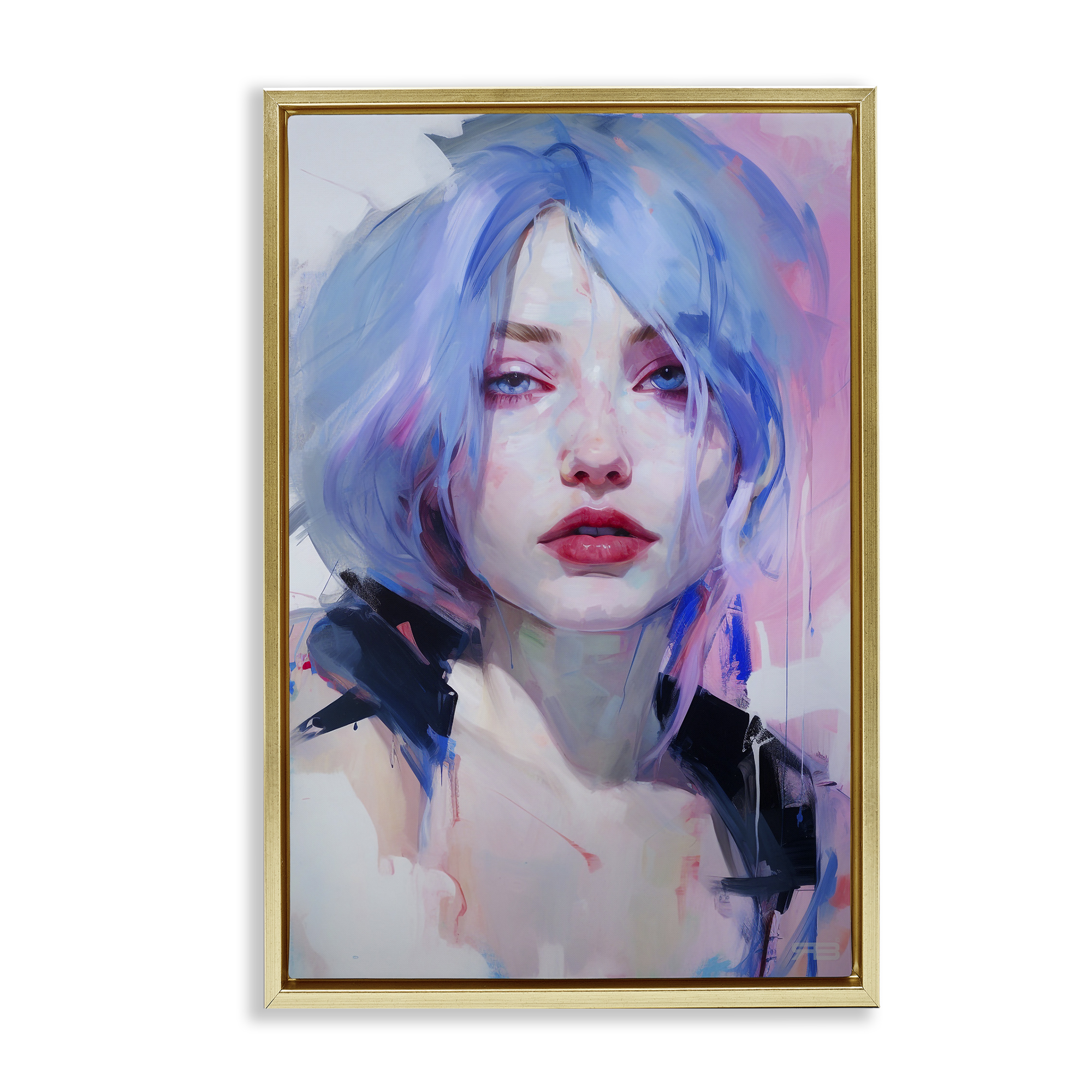 Stupell Industries Blue Haired Woman Visage Novelty Painting Gold Floater Framed Art Print Wall Art, 21 x 31