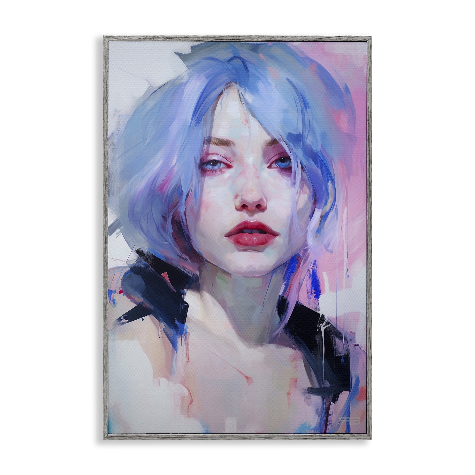 Stupell Industries Blue Haired Woman Visage Novelty Painting Gray Framed Art Print Wall Art, 12 x 18