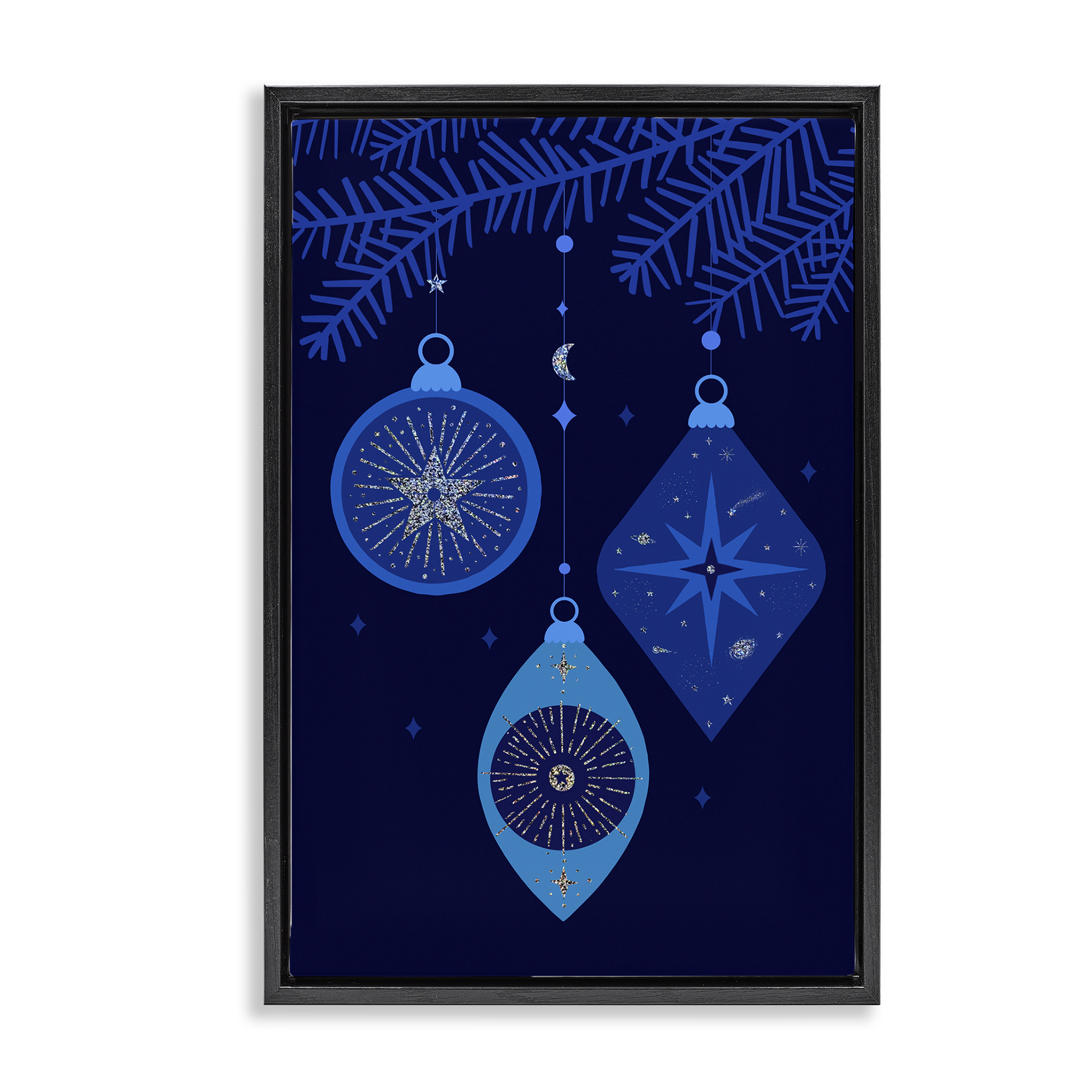 Stupell Industries Blue Hanging Ornaments Holiday Painting Black Floater Framed Art Print Wall Art, 21 x 31