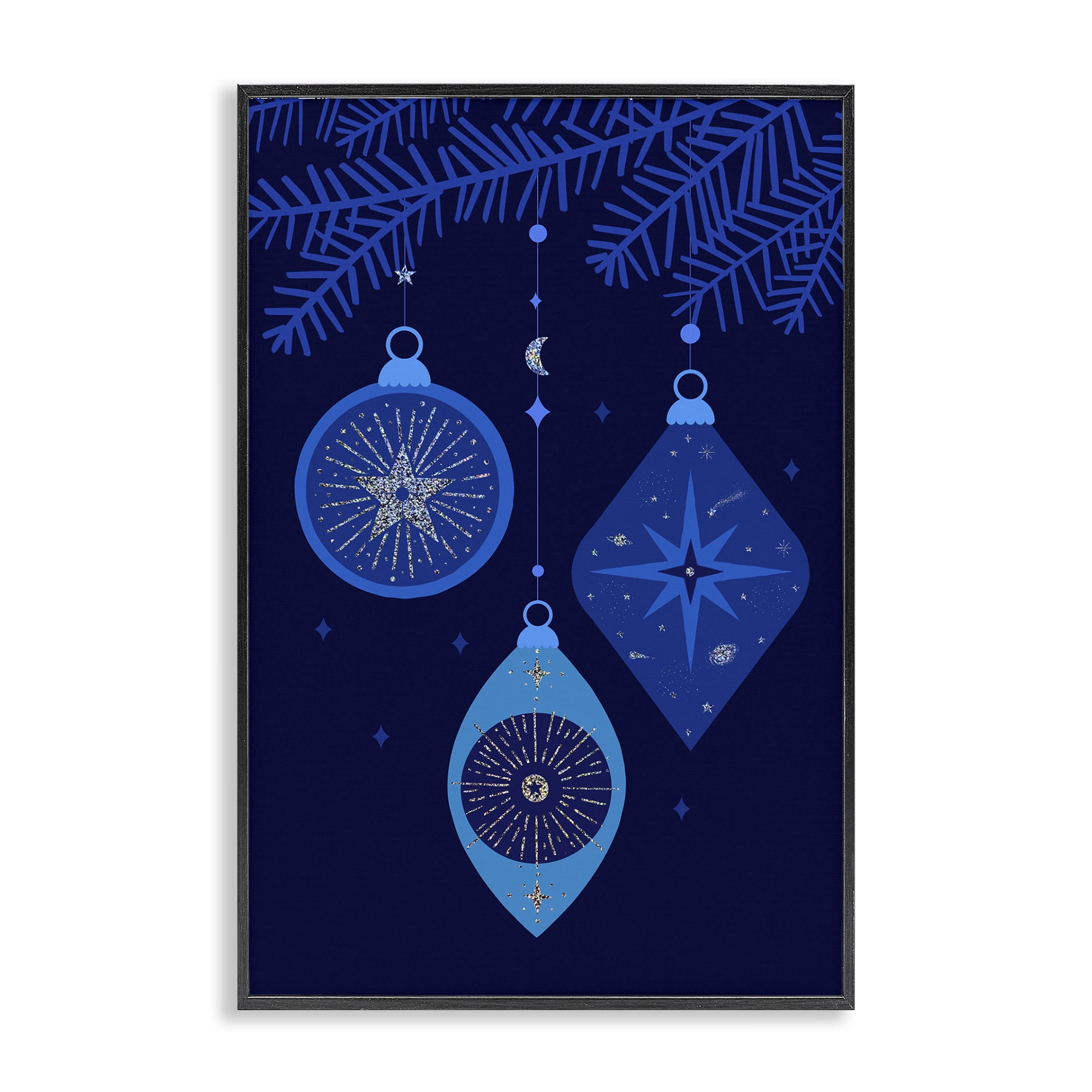 Stupell Industries Blue Hanging Ornaments Holiday Painting Black Framed Art Print Wall Art, 20 x 30