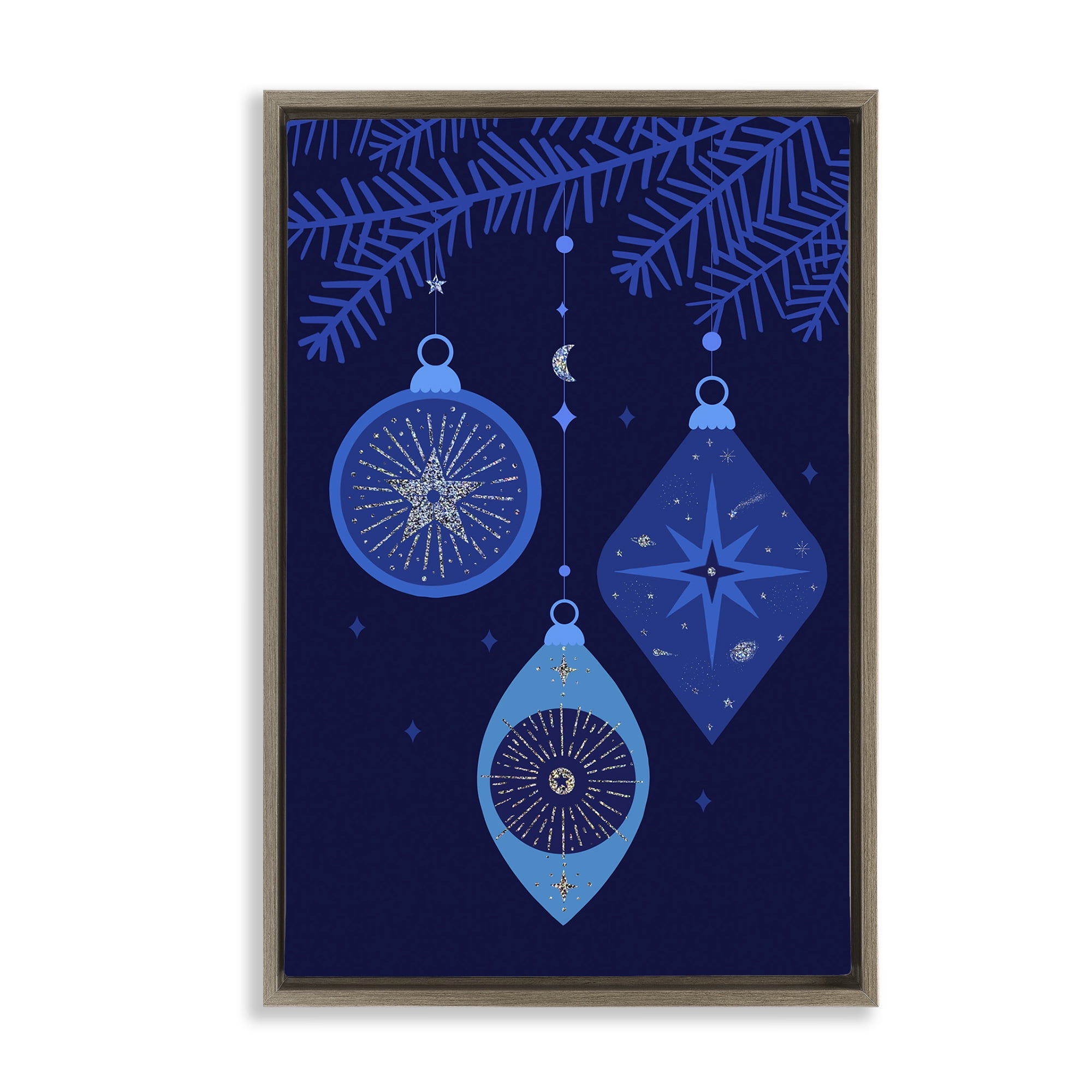 Stupell Industries Blue Hanging Ornaments Holiday Painting Brown Floater Framed Art Print Wall Art, 21 x 31