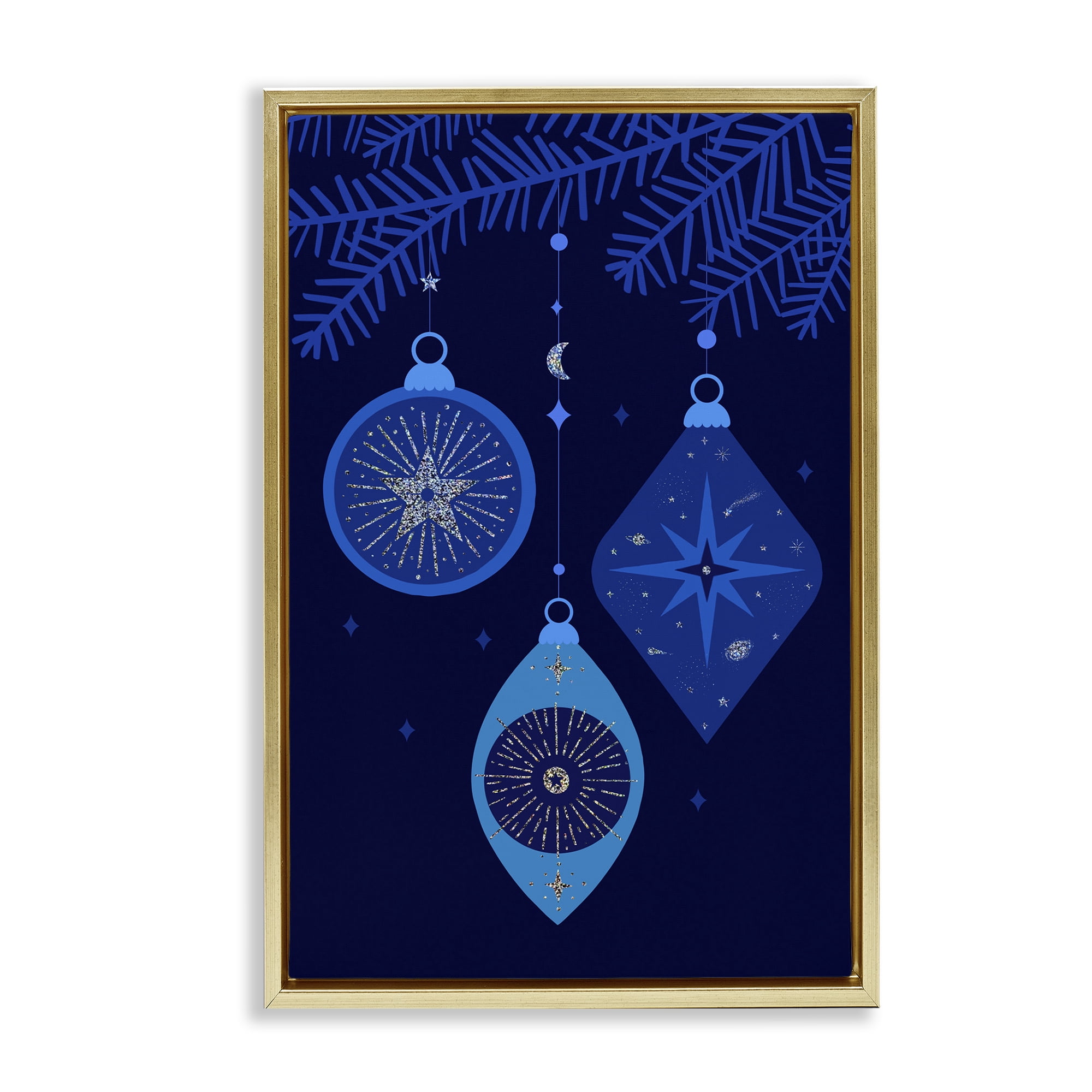 Stupell Industries Blue Hanging Ornaments Holiday Painting Gold Floater Framed Art Print Wall Art, 17 x 25