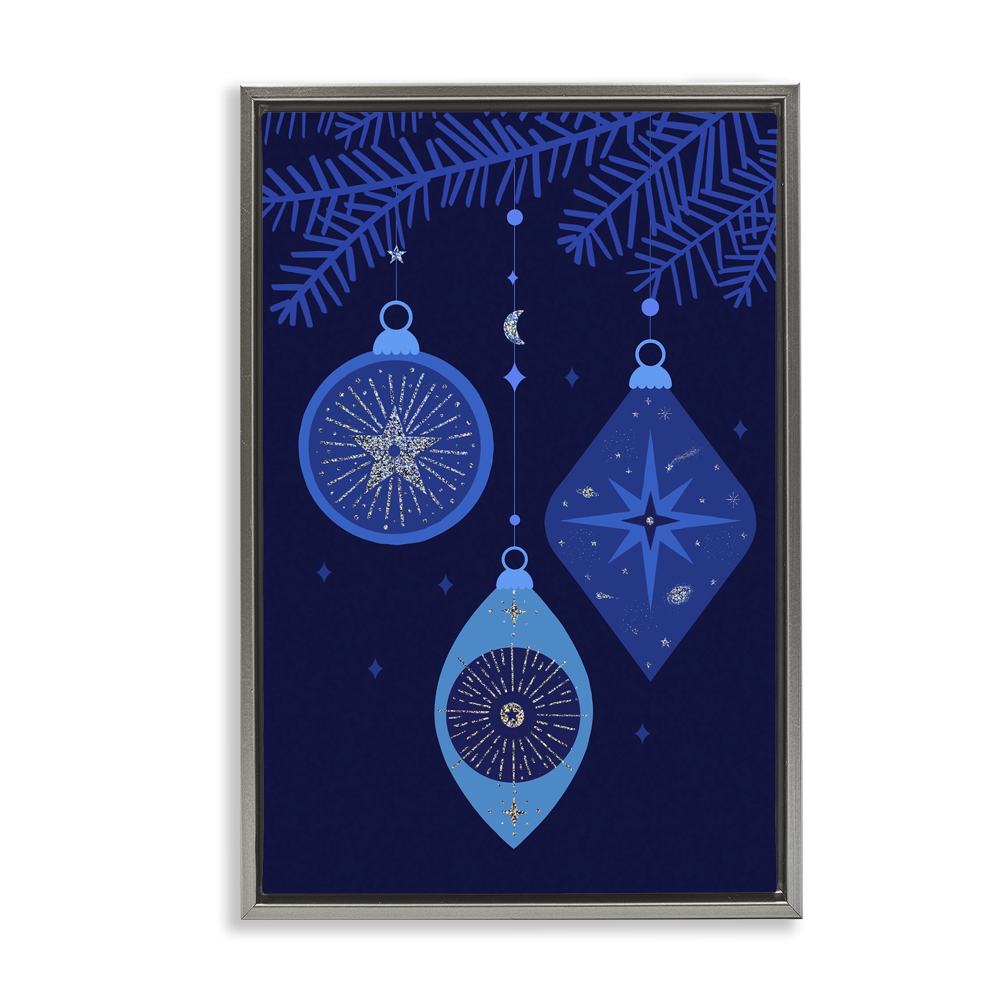 Stupell Industries Blue Hanging Ornaments Holiday Painting Gray Floater Framed Art Print Wall Art, 21 x 31