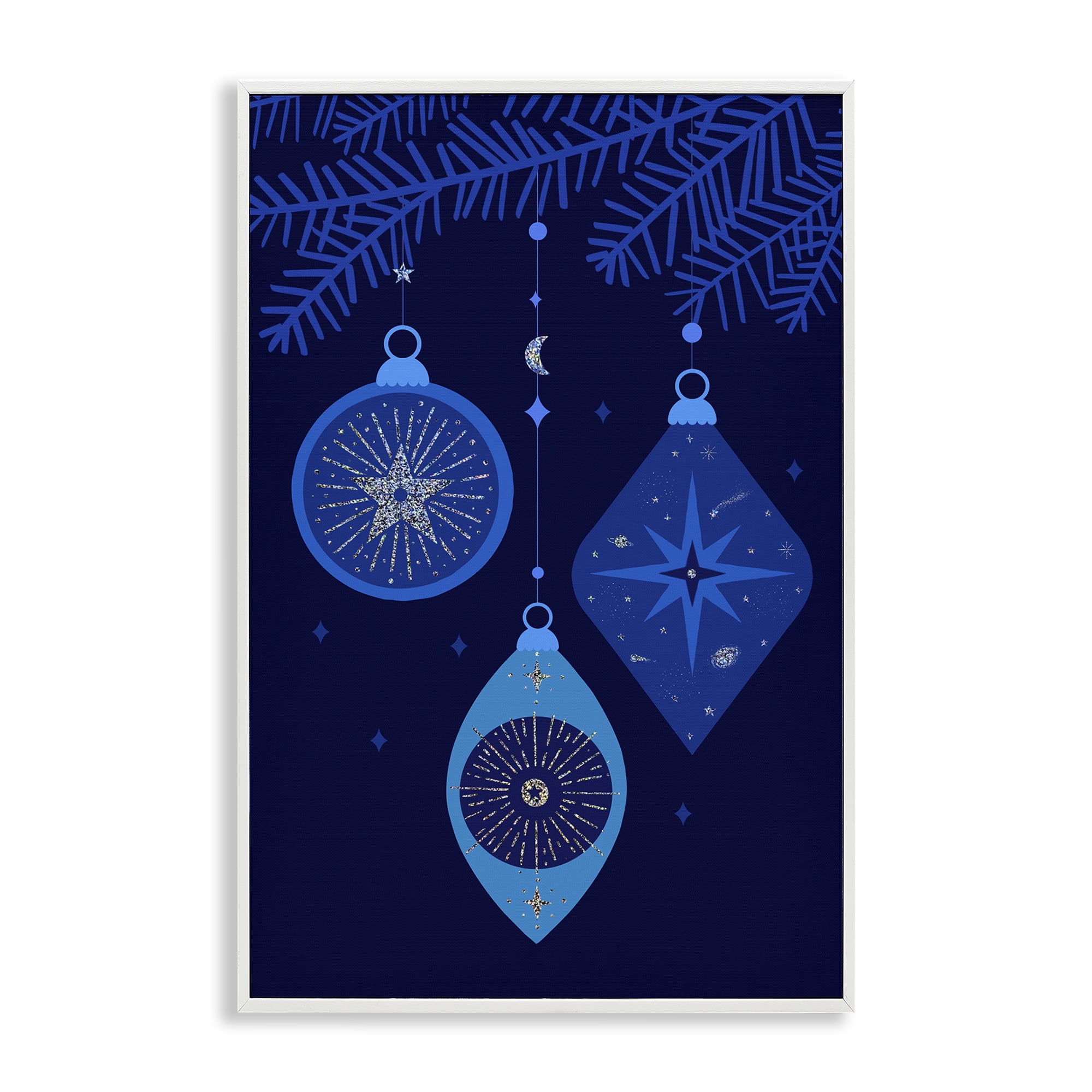 Blue Hanging Ornaments Holiday Canvas Print with White Frame, 12 x 18