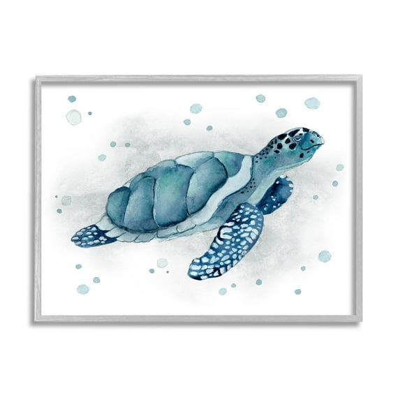 Stupell Industries Blue Happy Turtle Bubbles Graphic Art Gray Framed Art Print Wall Art, Design by Janet Tava