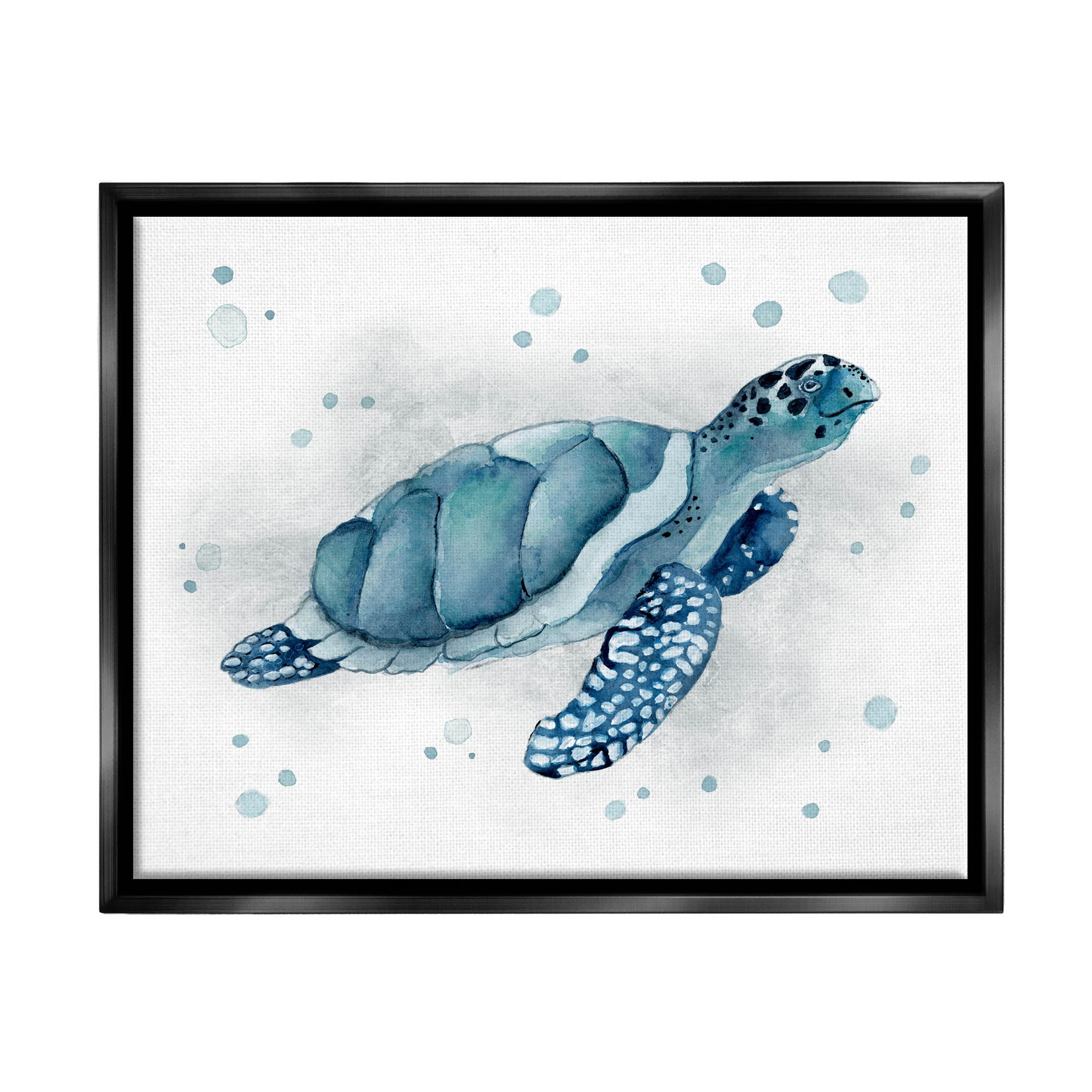 Stupell Industries Blue Happy Turtle Bubbles Graphic Art Jet Black Floating Framed Canvas Print Wall Art, Design by Janet Tava