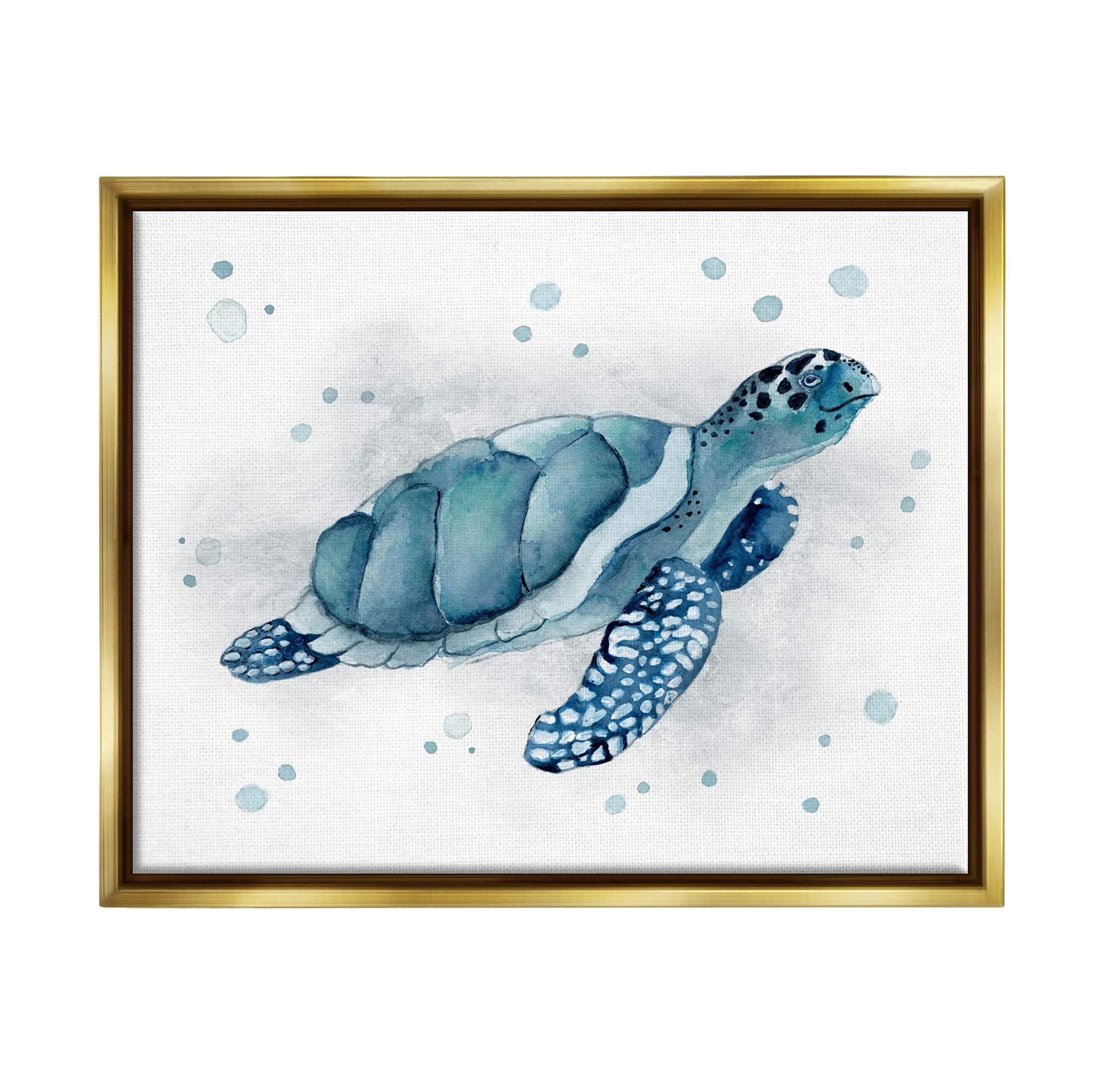 Stupell Industries Blue Happy Turtle Bubbles Graphic Art Metallic Gold Floating Framed Canvas Print Wall Art, Design by Janet Tava