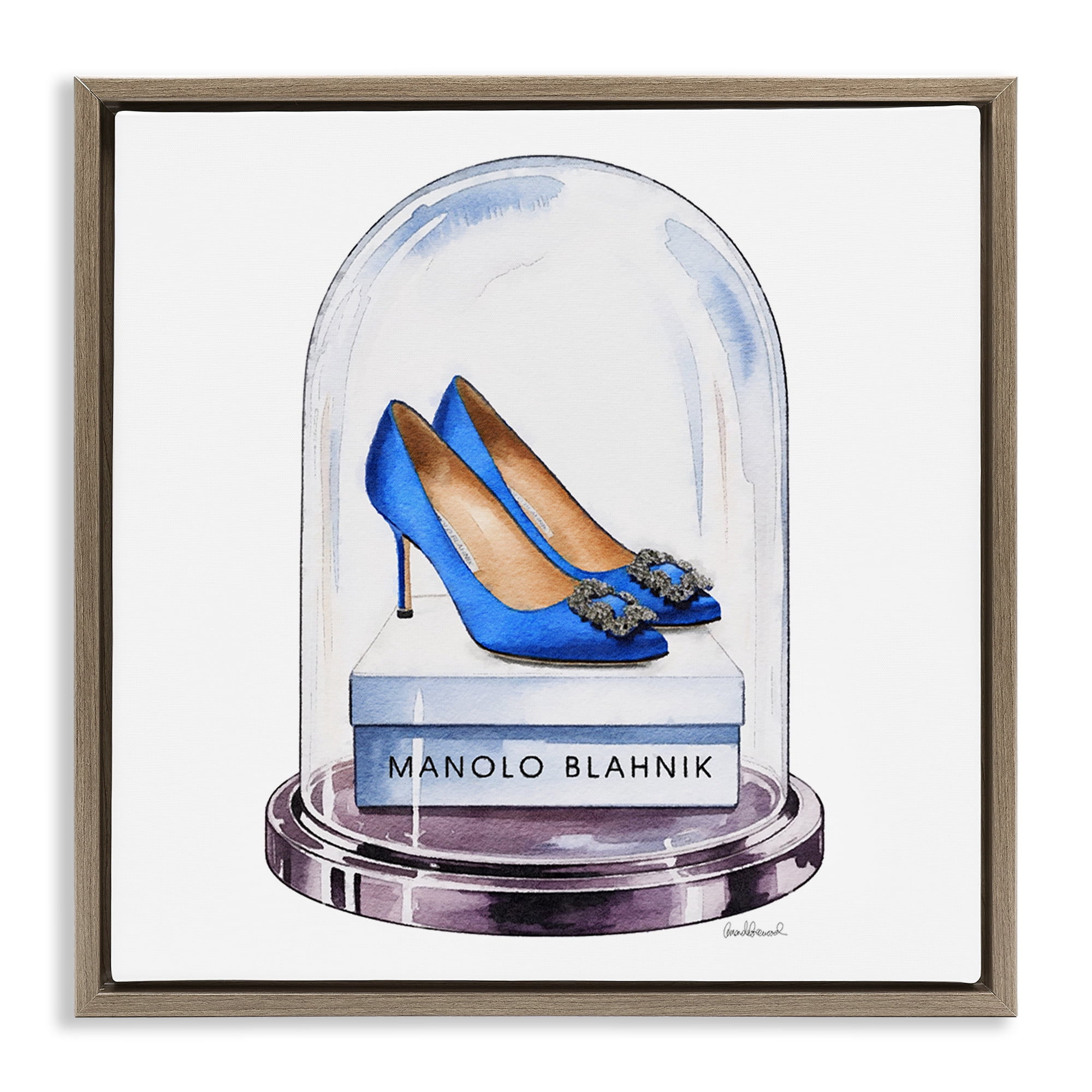 Stupell Industries Blue Heels in Bell Jar Brown Framed Floater Canvas Wall Art, design by Amanda Greenwood