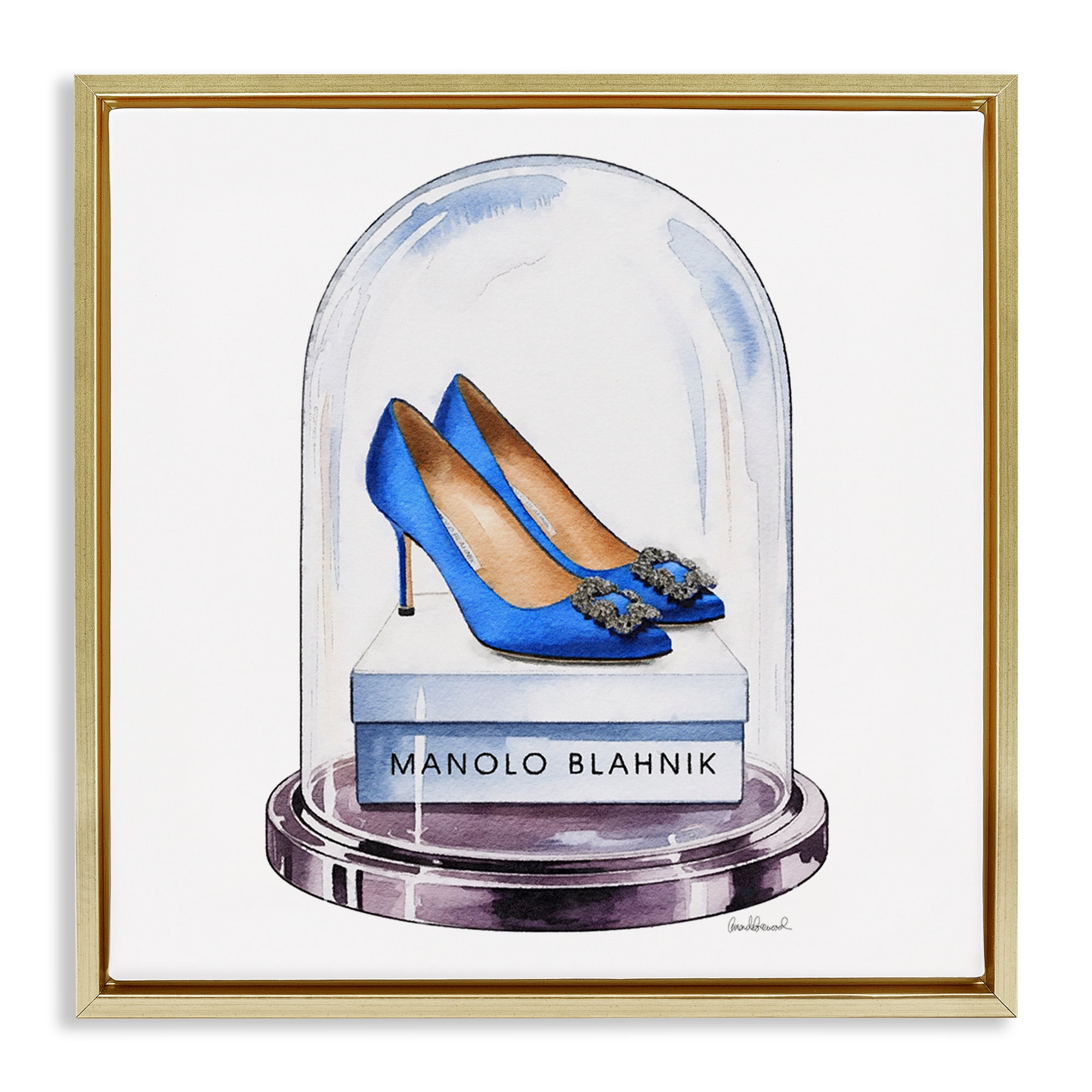 Stupell Industries Blue Heels in Bell Jar Gold Framed Floater Canvas Wall Art, design by Amanda Greenwood