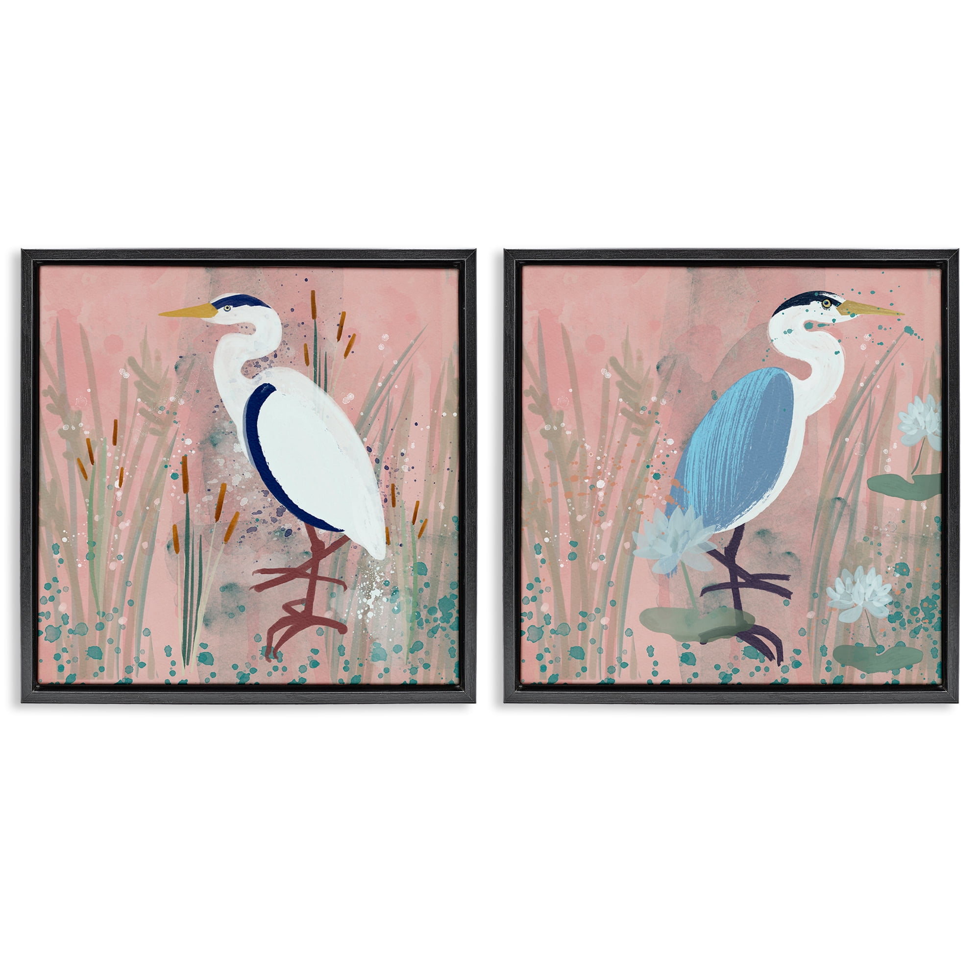 Stupell Industries Blue Heron Egret Cattail Marsh Animals Painting Black Floater Framed Canvas Art Print Wall Art, 18 x 18, Set of 2