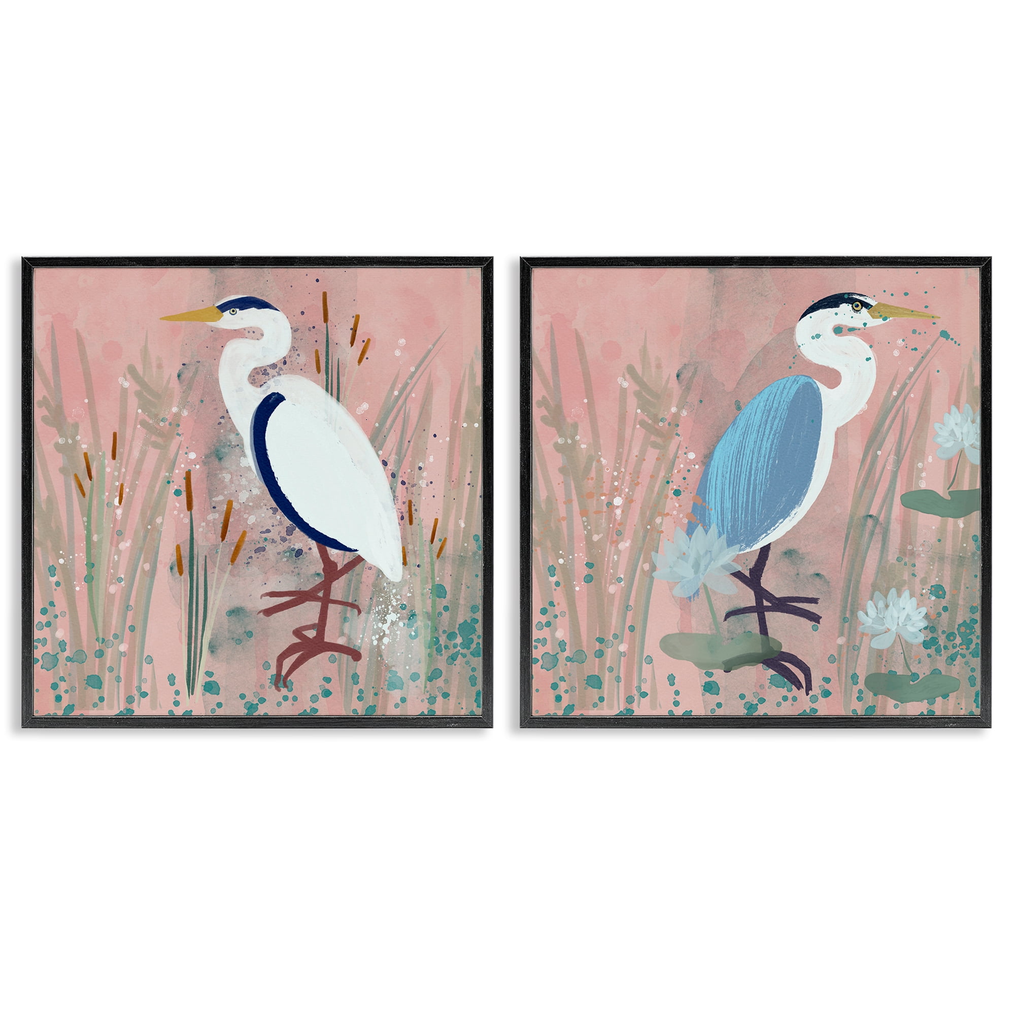 Stupell Industries Blue Heron Egret Cattail Marsh Animals Painting Black Framed Art Print Wall Art, 12 x 12, Set of 2