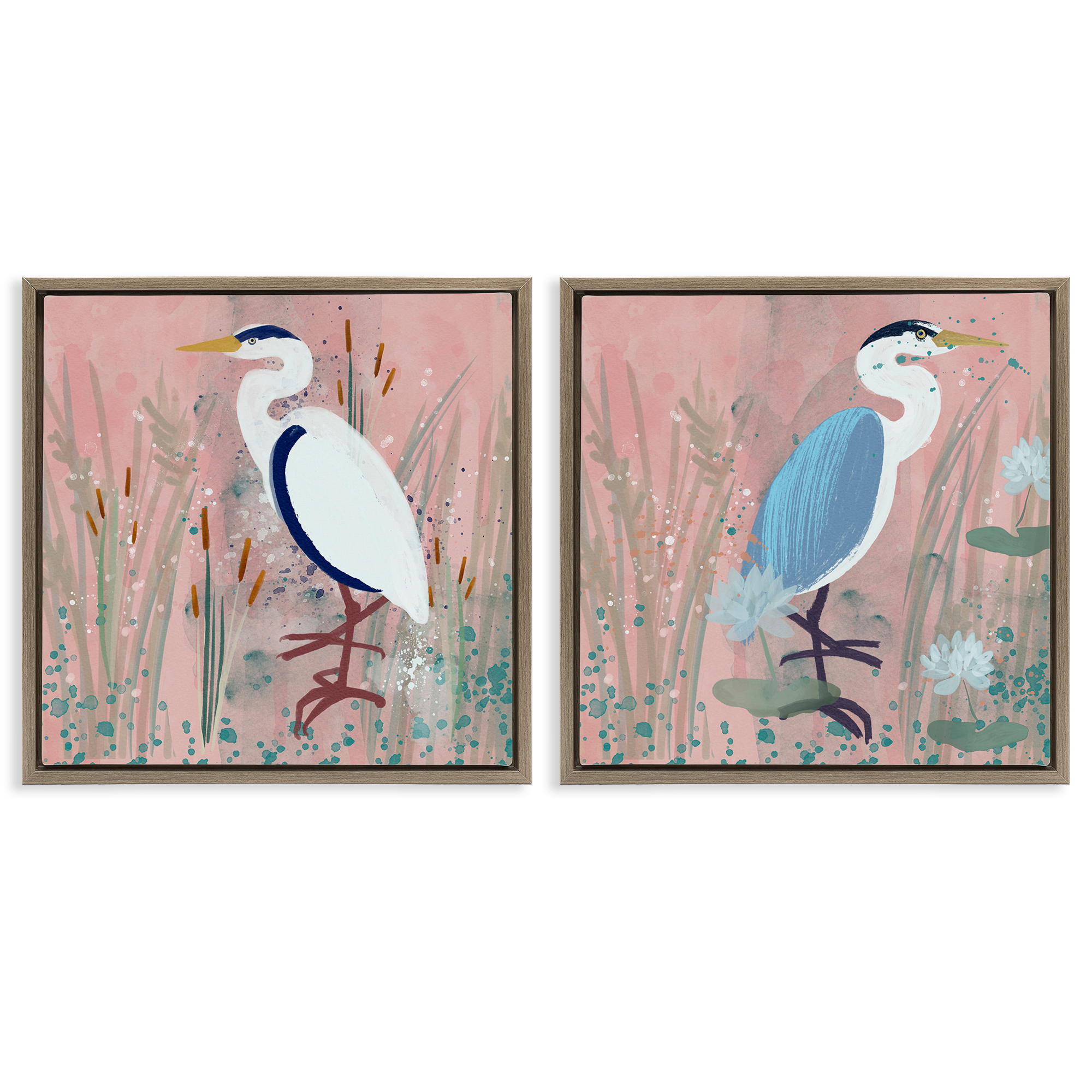 Stupell Industries Blue Heron Egret Cattail Marsh Animals Painting Brown Floater Framed Canvas Art Print Wall Art, 25 x 25, Set of 2