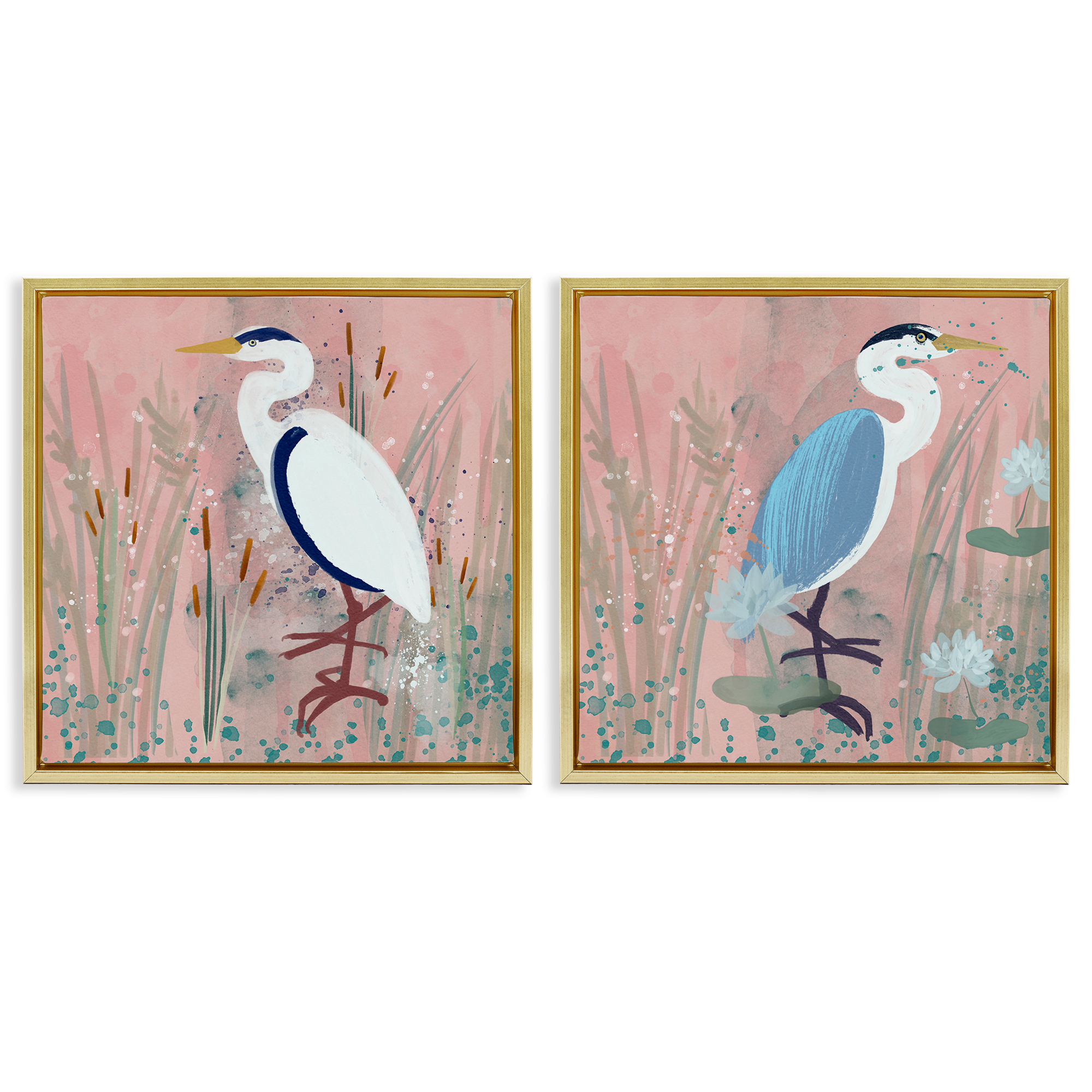 Stupell Industries Blue Heron Egret Cattail Marsh Animals Painting Gold Floater Framed Canvas Art Print Wall Art, 25 x 25, Set of 2
