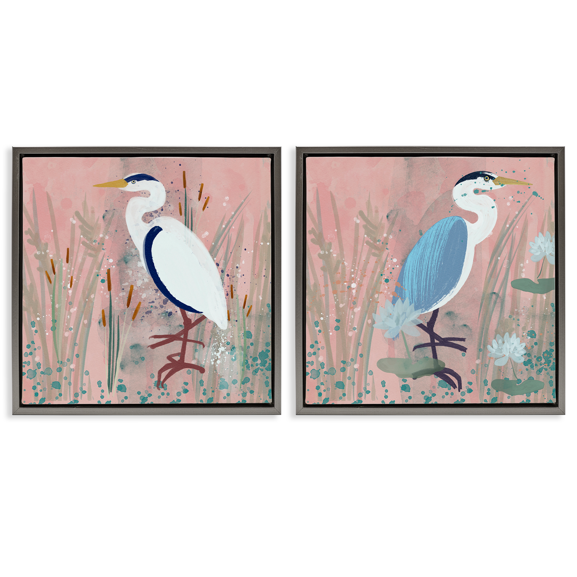 Stupell Industries Blue Heron Egret Cattail Marsh Animals Painting Gray Floater Framed Canvas Art Print Wall Art, 18 x 18, Set of 2