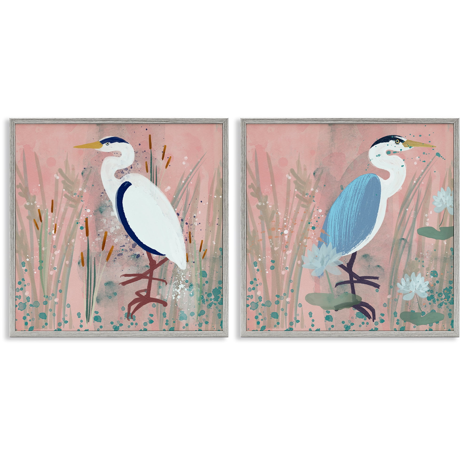 Stupell Industries Blue Heron Egret Cattail Marsh Animals Painting Gray Framed Art Print Wall Art, 24 x 24, Set of 2
