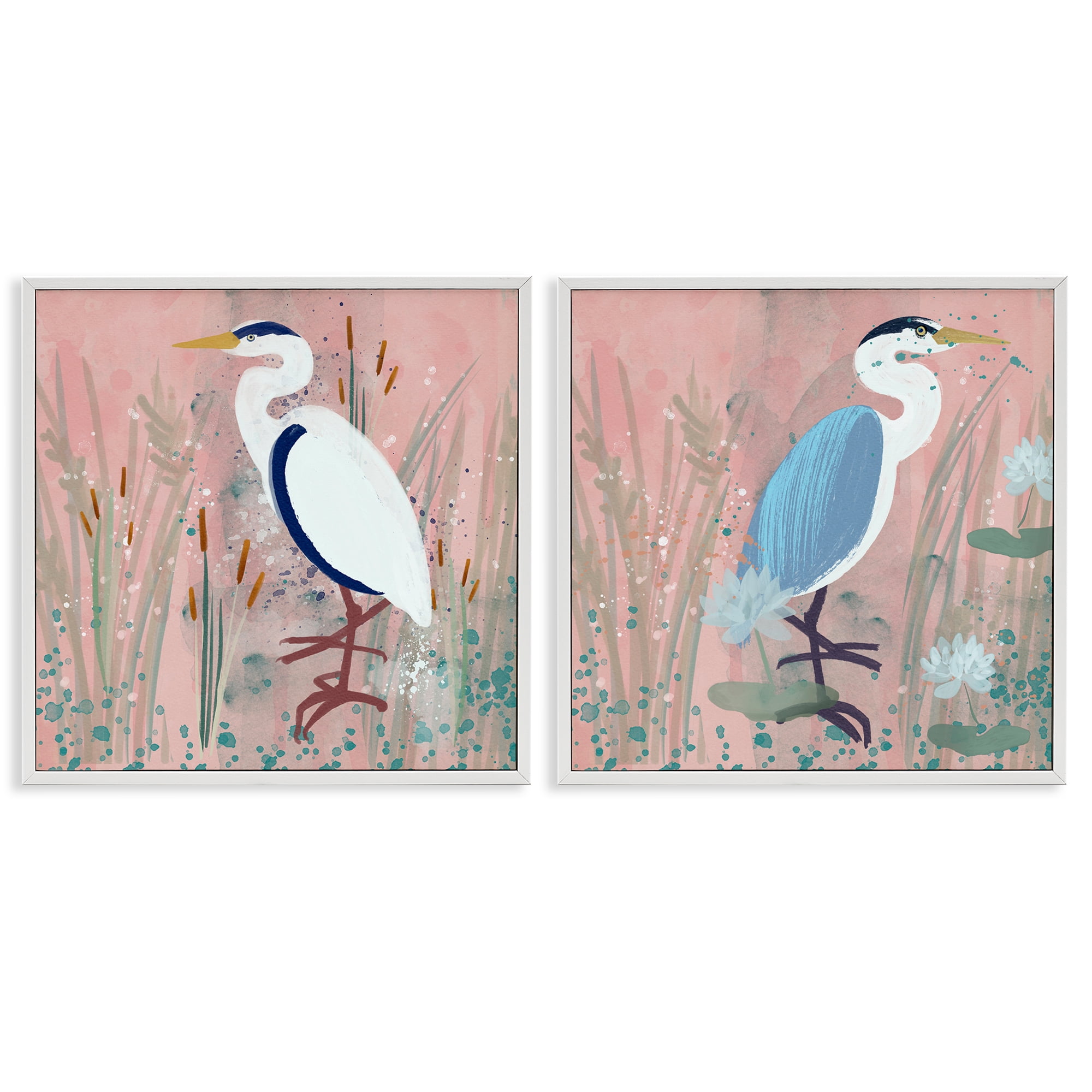 Stupell Industries Blue Heron Egret Cattail Marsh Animals Painting White Framed Art Print Wall Art, 24 x 24, Set of 2