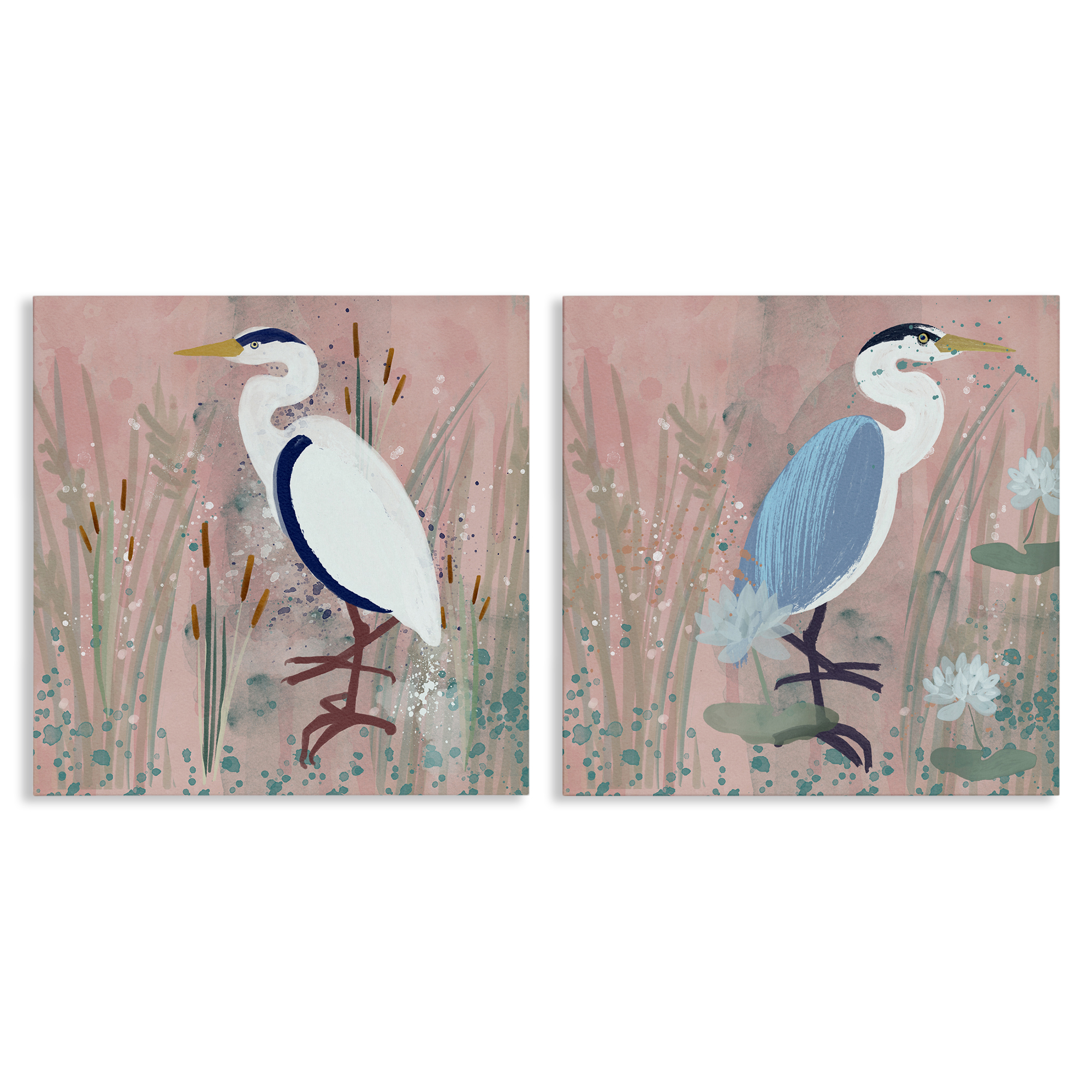 Stupell Industries Blue Heron Egret Cattail Marsh Animals Painting Wrapped Canvas Art Print Wall Art, 17 x 17, Set of 2