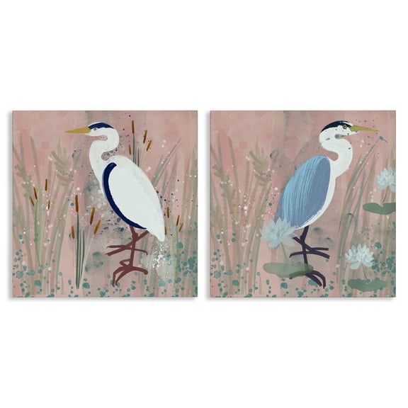Stupell Industries Blue Heron Egret Cattail Marsh Animals Painting Wrapped Canvas Art Print Wall Art, 17 x 17, Set of 2