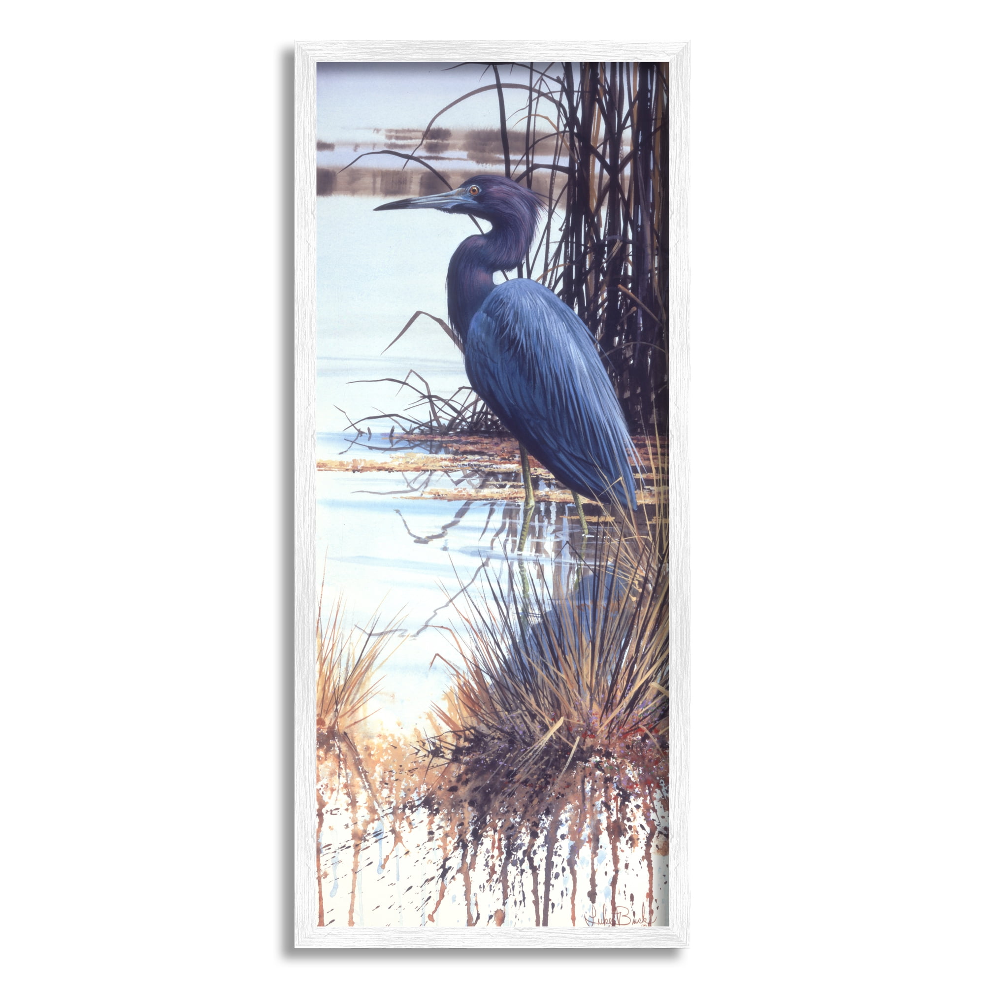 Stupell Industries Blue Heron Modern Splash Animals & Insects Painting White Framed Art Print Wall Art, 13 x 30