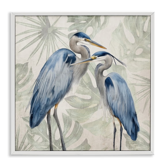 Stupell Industries Blue Heron Palm Leaves Animals Painting White Framed Art Print Wall Art, 17 x 17