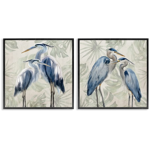 Stupell Industries Blue Heron Palm Pair Animals Painting Black Framed Art Print Wall Art, 12 x 12, Set of 2