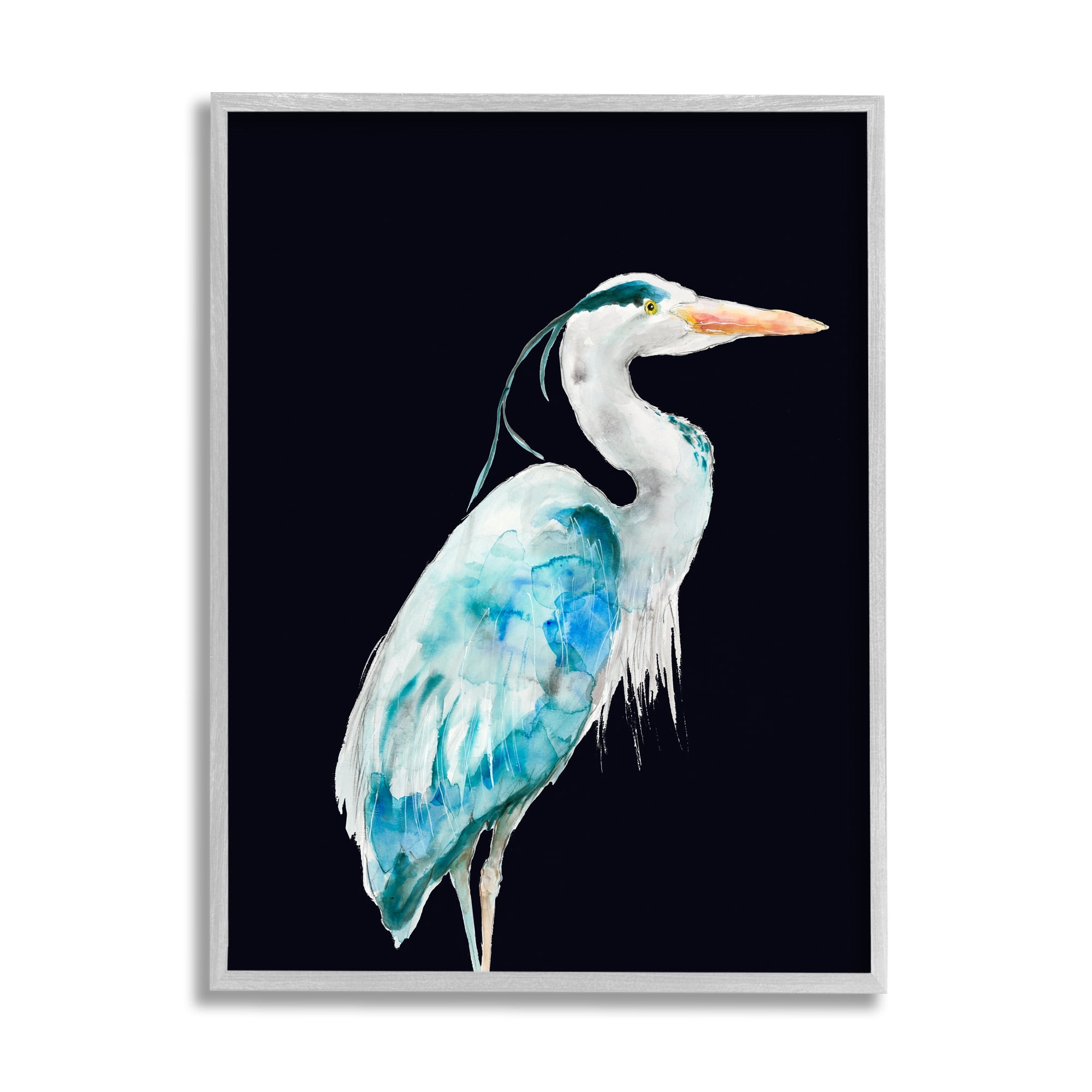 Stupell Industries Blue Heron Pattern Winged Bird over Black Modern Painting Gray Framed Art Print Wall Art, 11 x 14, Design by Patti Mann