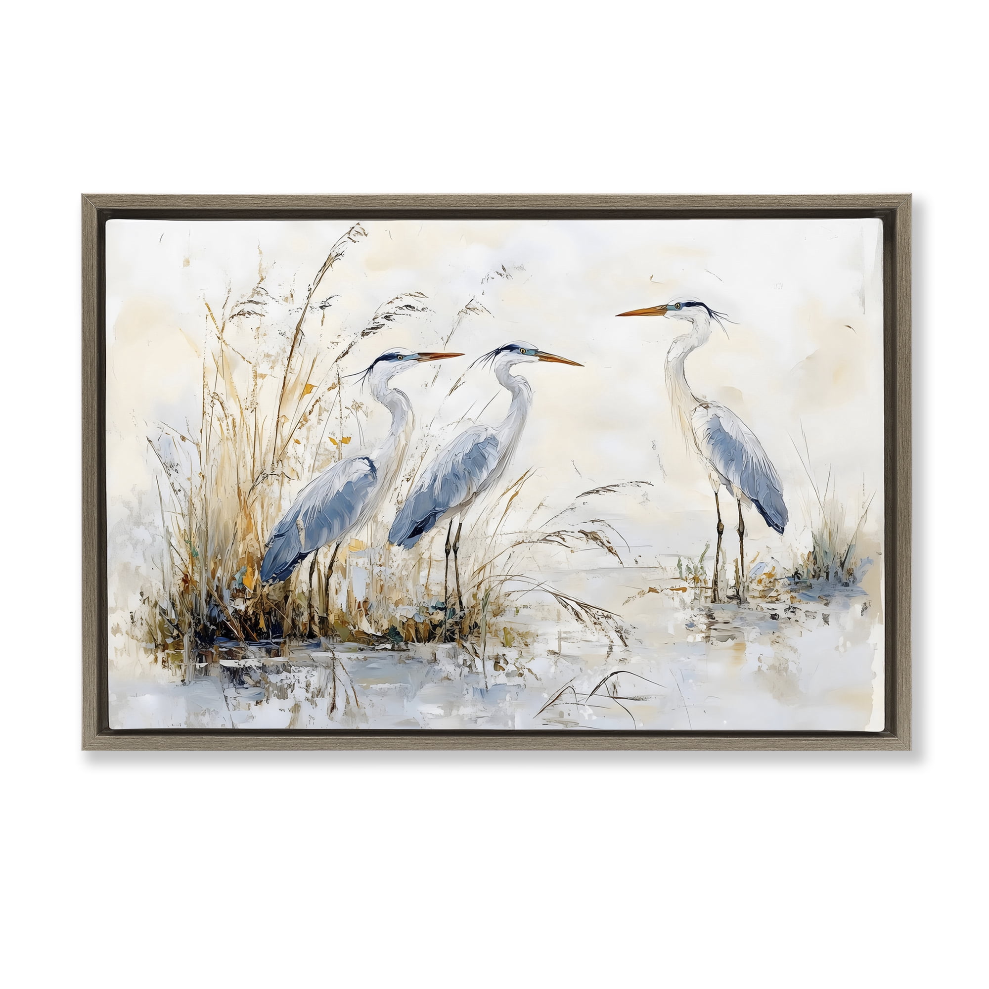 Stupell Industries Blue Heron Trio in Wetlands Brown Framed Floater Canvas Wall Art, design by LSR Design Studio