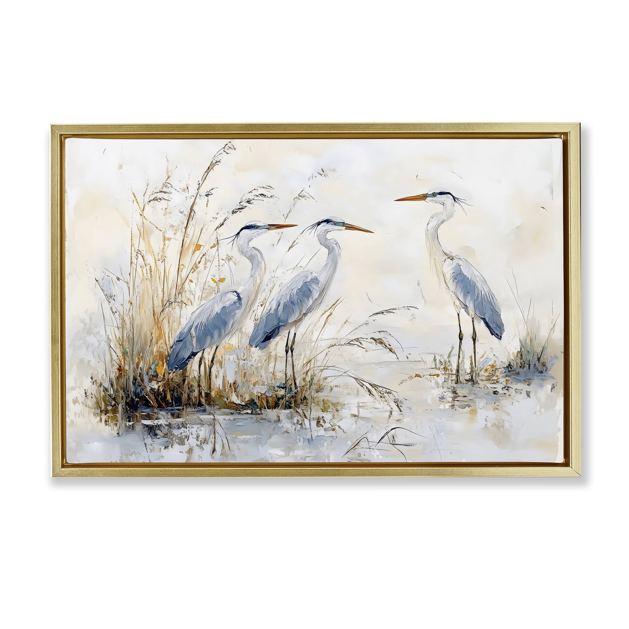 Stupell Industries Blue Heron Trio in Wetlands Gold Framed Floater Canvas Wall Art, design by LSR Design Studio