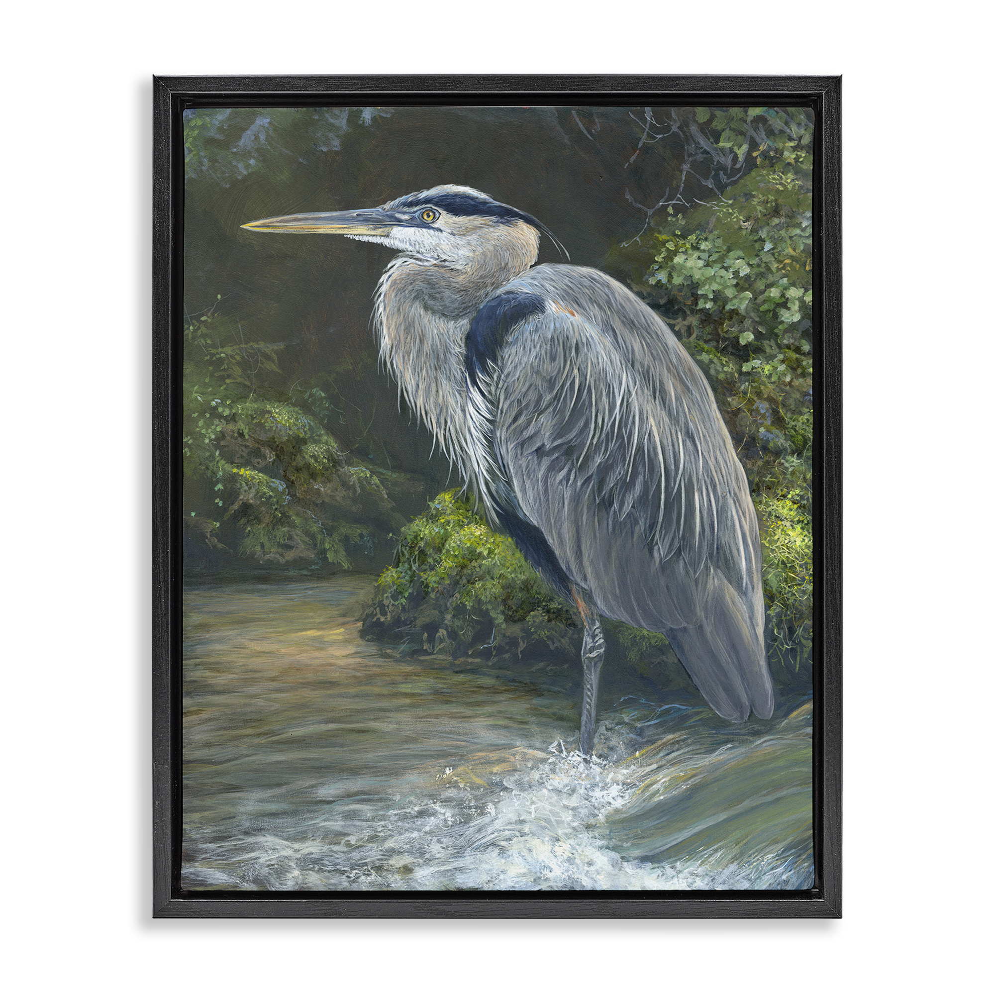 Stupell Industries Blue Heron at Water's Edge Animals Painting Black Floater Framed Canvas Art Print Wall Art, 25 x 31