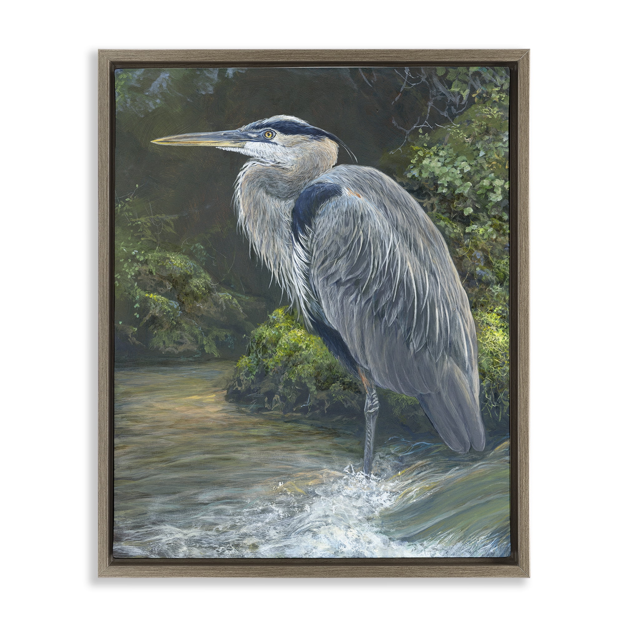Stupell Industries Blue Heron at Water's Edge Animals Painting Brown Floater Framed Canvas Art Print Wall Art, 17 x 21