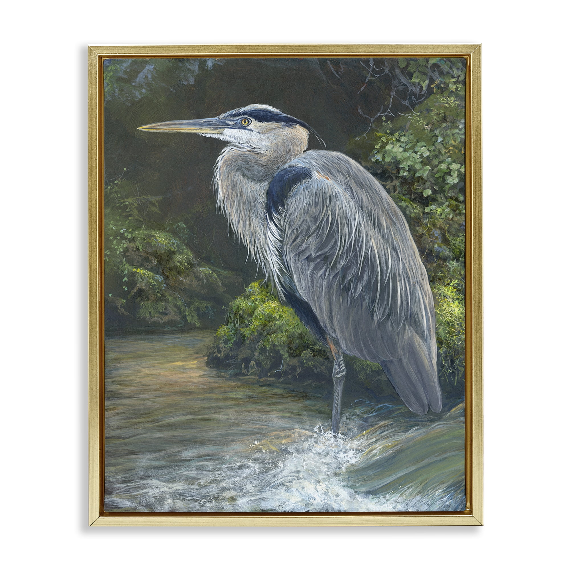 Stupell Industries Blue Heron at Water's Edge Animals Painting Gold Floater Framed Canvas Art Print Wall Art, 17 x 21