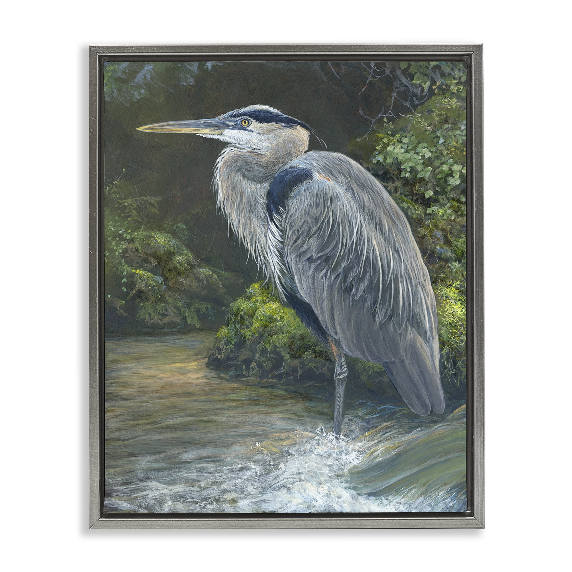 Stupell Industries Blue Heron at Water's Edge Animals Painting Gray Floater Framed Canvas Art Print Wall Art, 17 x 21