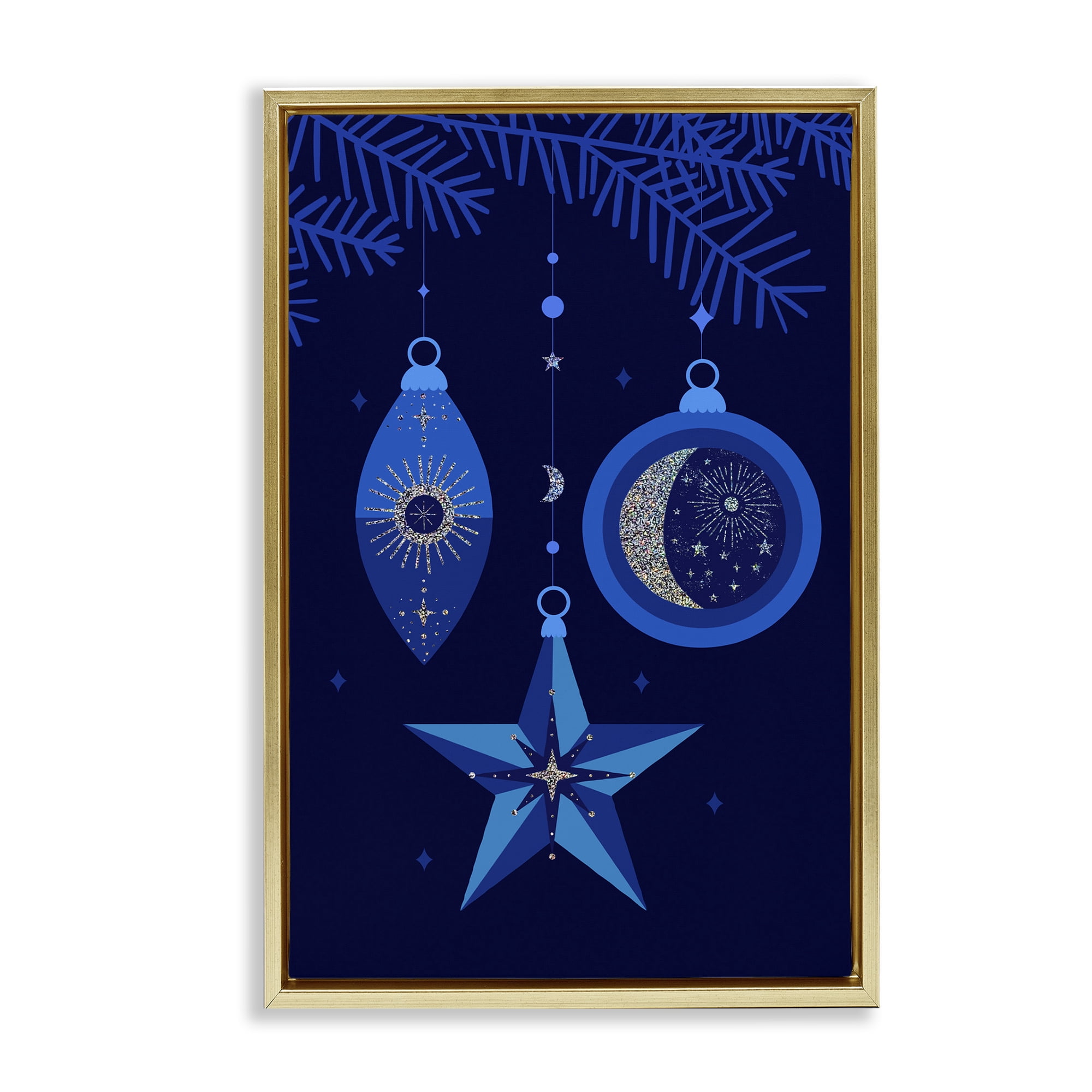Stupell Industries Blue Holiday Ornaments Holiday Painting Gold Floater Framed Art Print Wall Art, 17 x 25