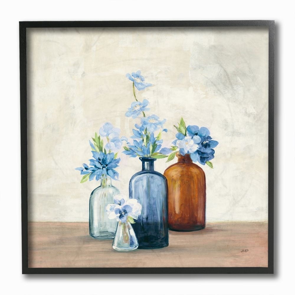Stupell Industries Blue House Flowers in Jars Country Painting Framed Wall Art Design by Julia Purinton, 12" x 12", Black Framed