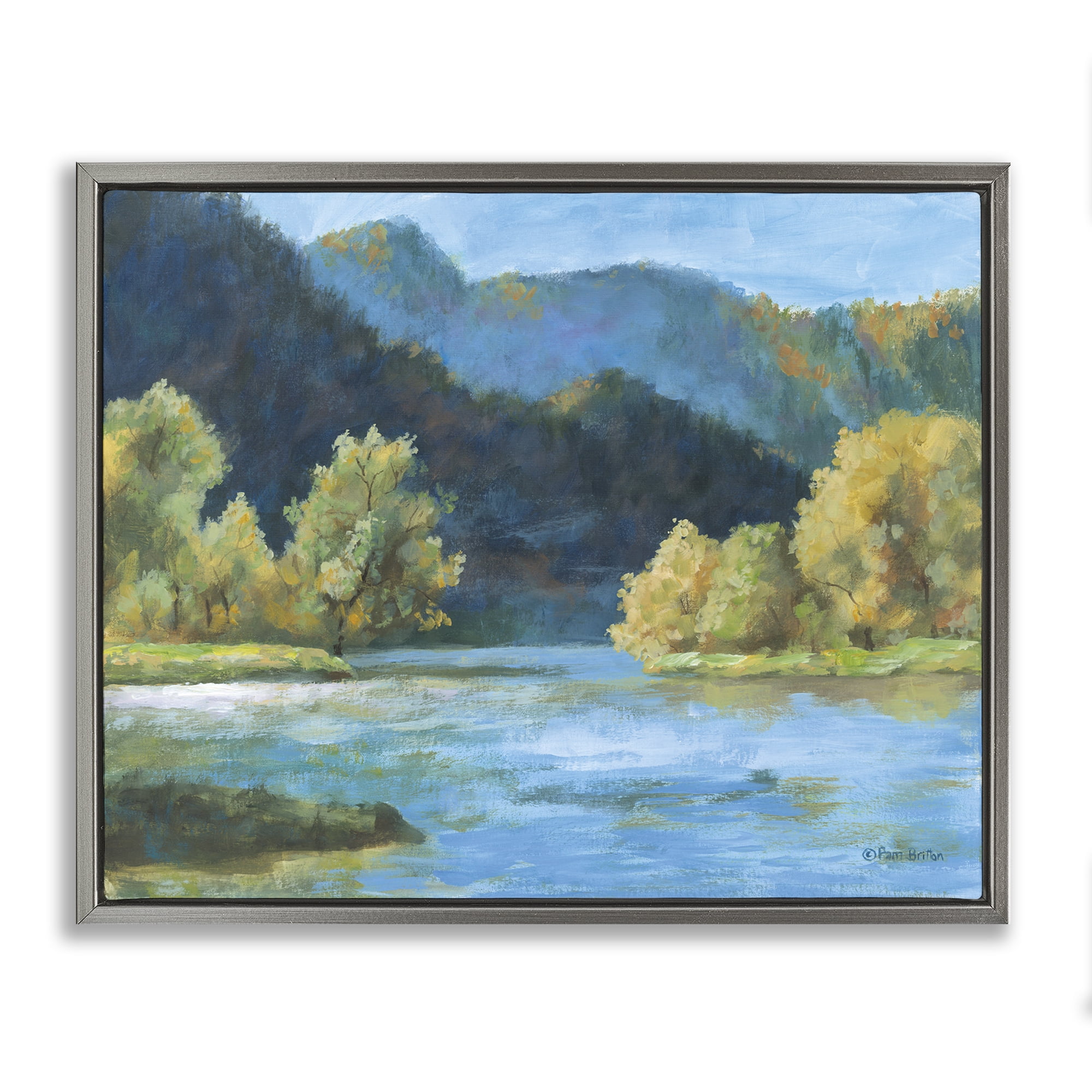 Stupell Industries Blue Hued Mountains Landscape & Nature Painting Gray Floater Framed Canvas Art Print Wall Art, 31 x 25