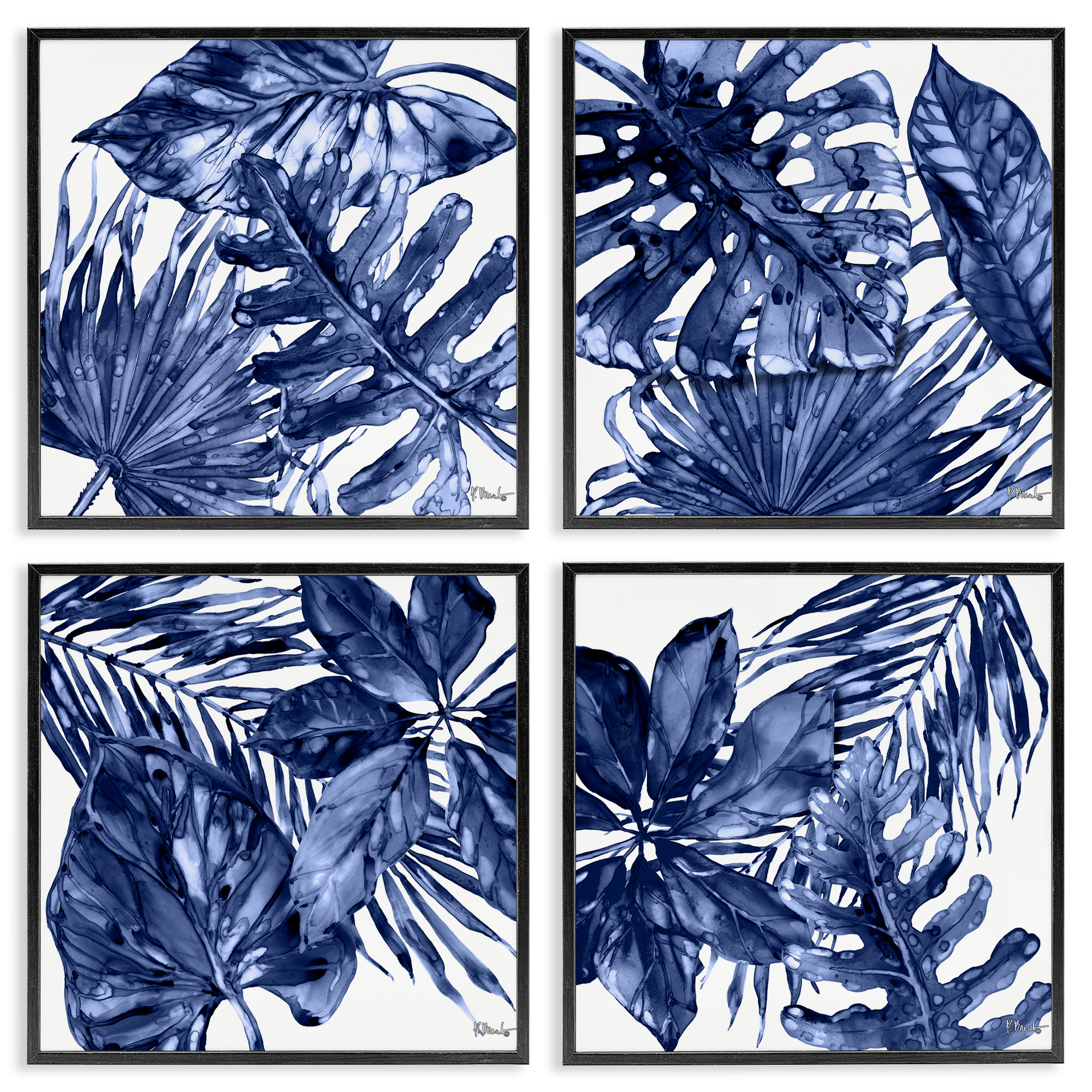 Stupell Industries Blue Hued Palm Fronds Plants & Flowers Painting Black Framed Art Print Wall Art, 12 x 12, Set of 4