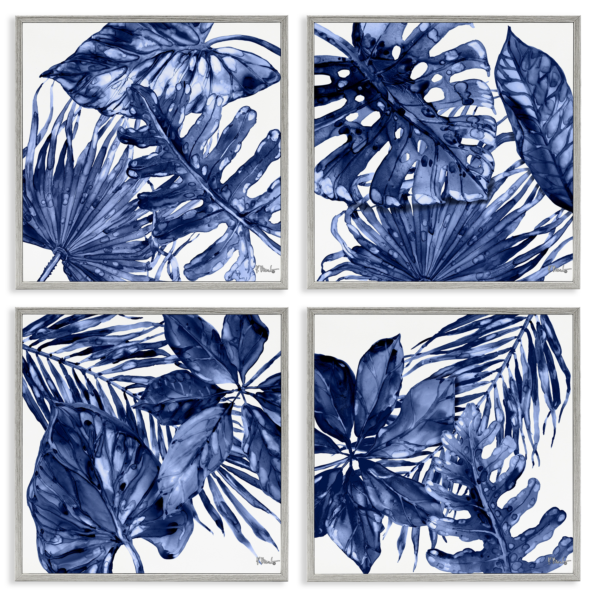 Stupell Industries Blue Hued Palm Fronds Plants & Flowers Painting Gray Framed Art Print Wall Art, 12 x 12, Set of 4