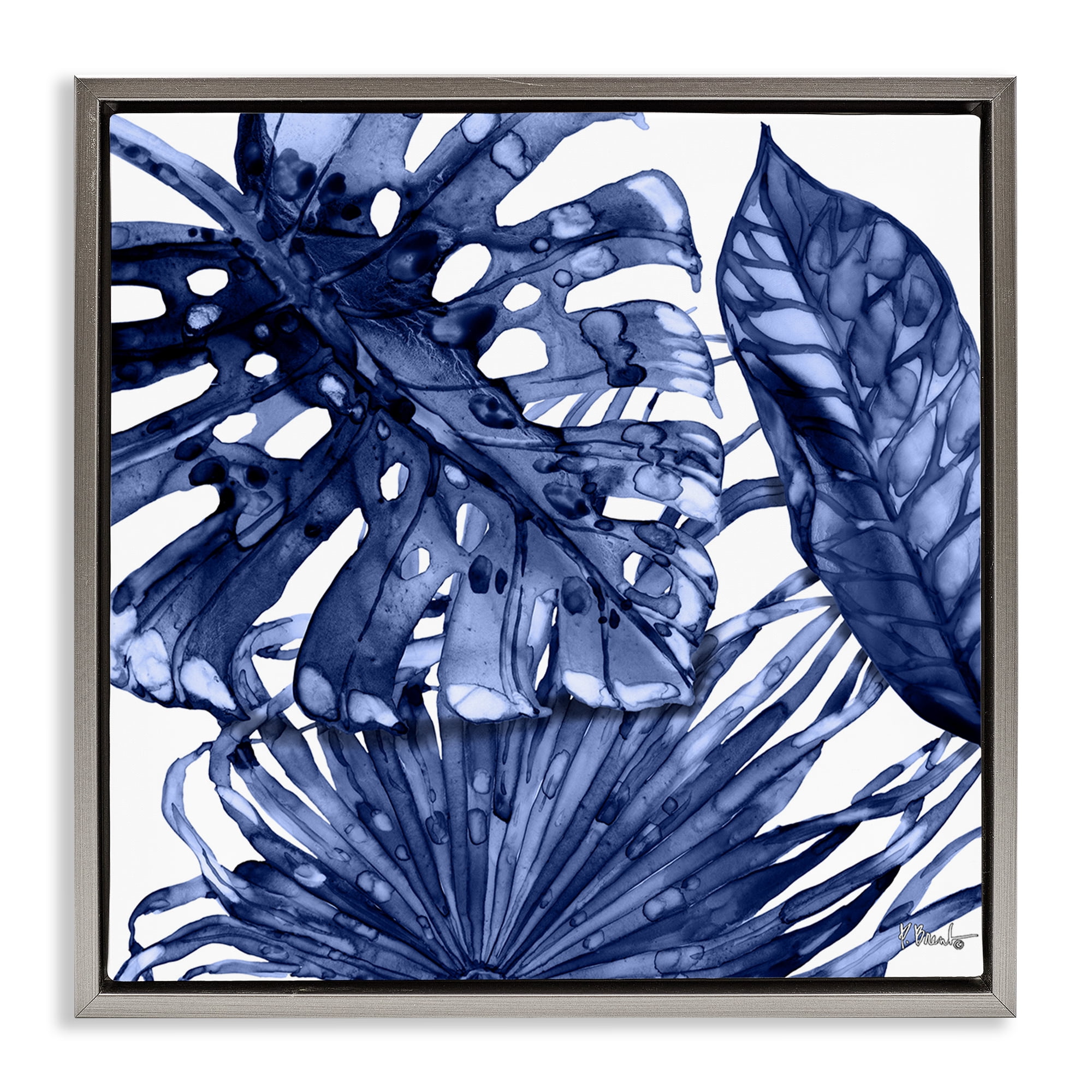 Stupell Industries Blue Hued Palms Botanical & Floral Painting Gray Floater Framed Canvas Art Print Wall Art, 18 x 18