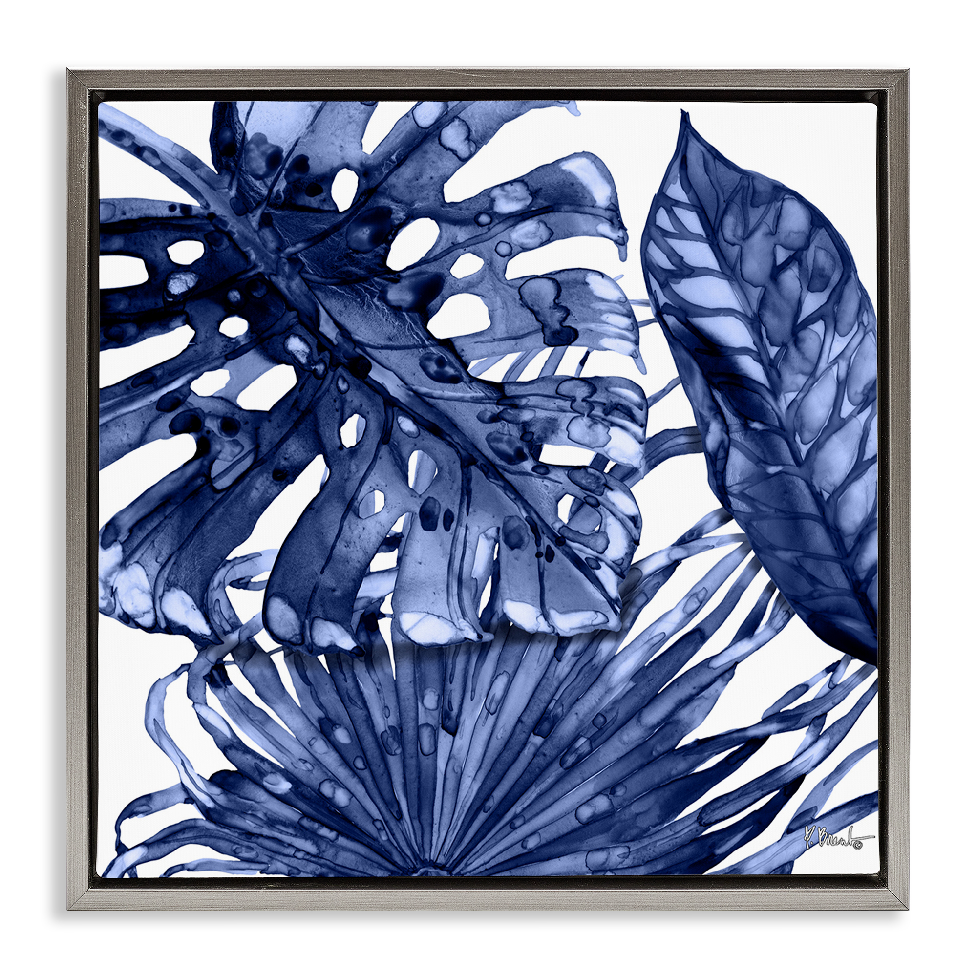 Stupell Industries Blue Hued Palms Botanical & Floral Painting Gray Floater Framed Canvas Art Print Wall Art, 25 x 25