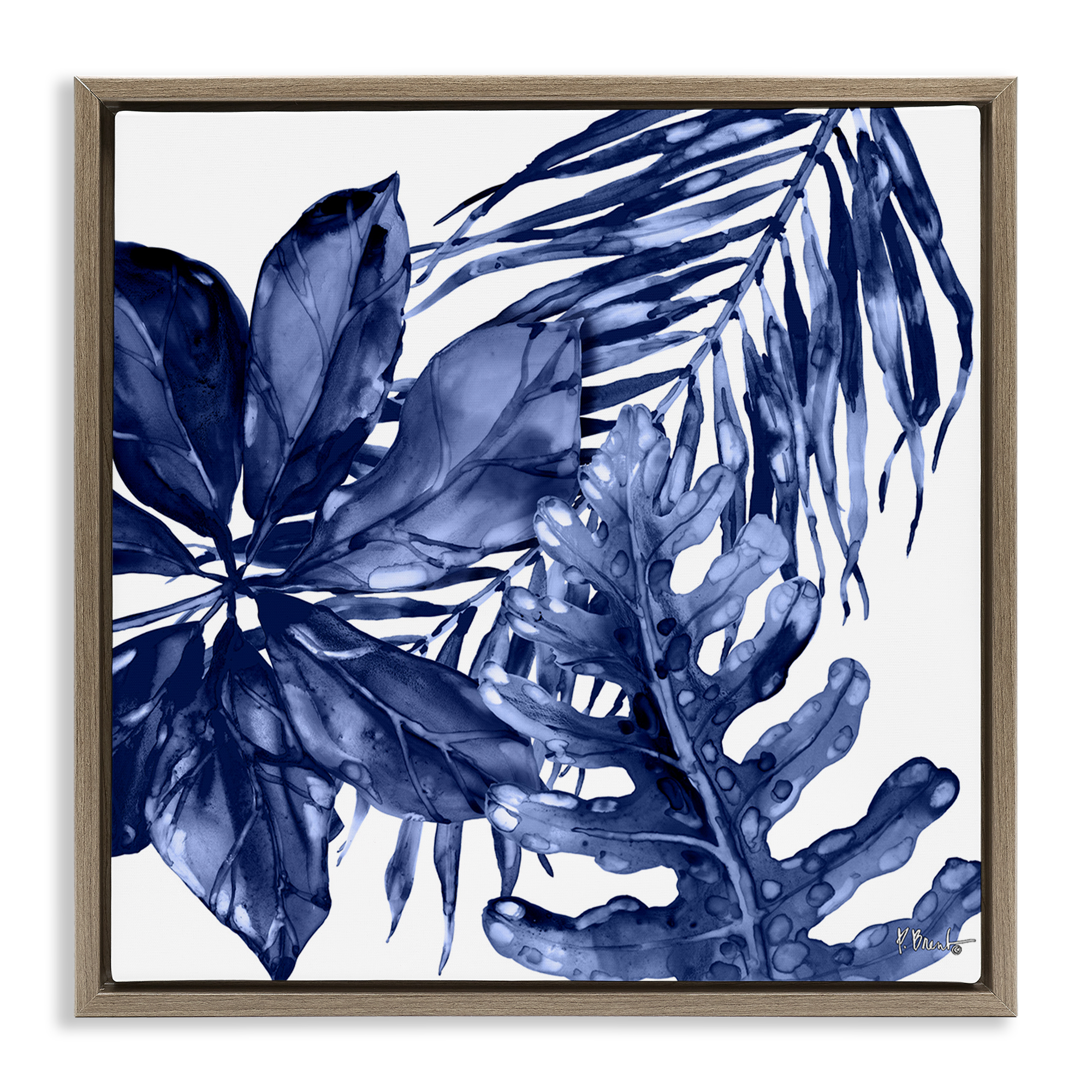 Stupell Industries Blue Hued Plant Leaves Botanical & Floral Painting Brown Floater Framed Canvas Art Print Wall Art, 18 x 18