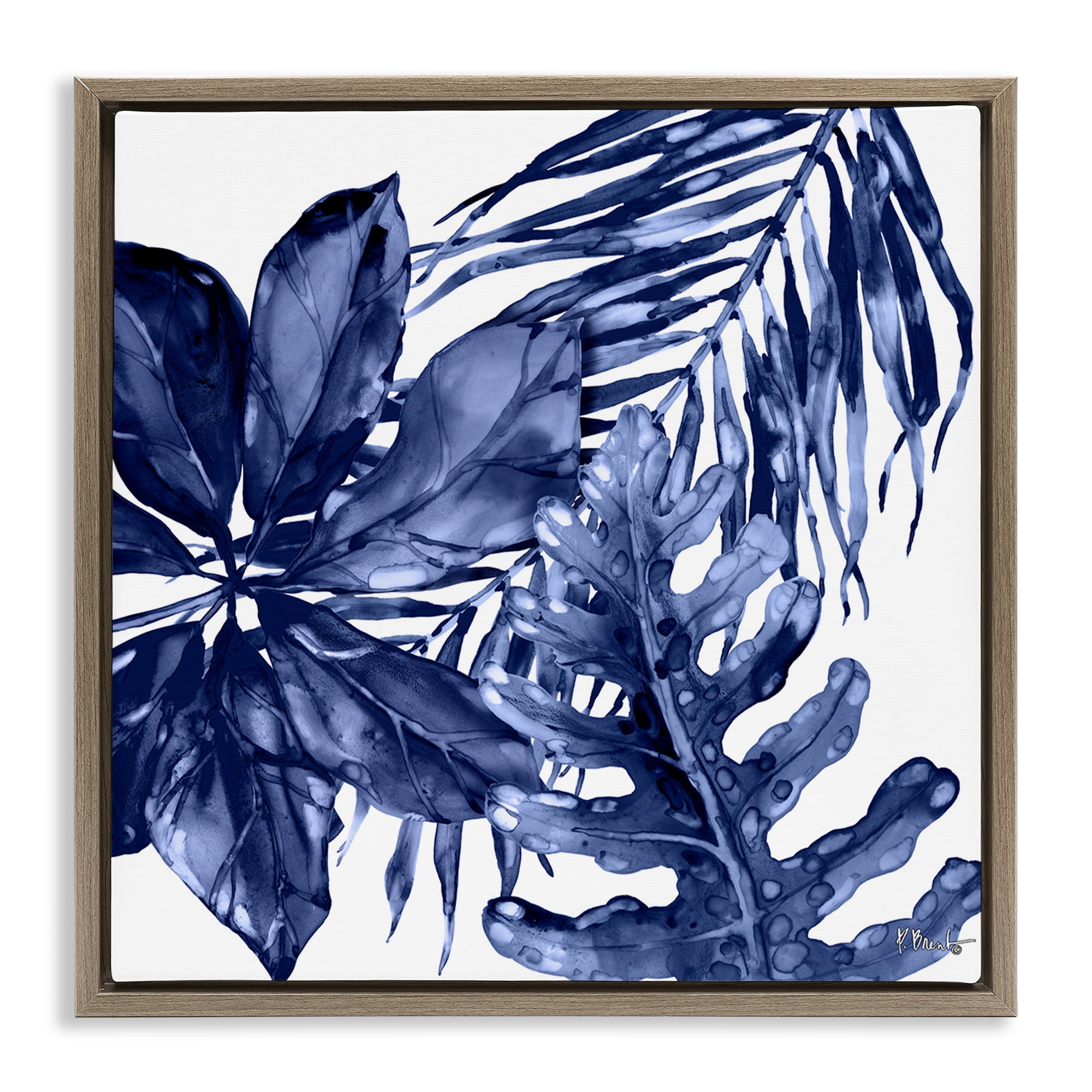 Stupell Industries Blue Hued Plant Leaves Botanical & Floral Painting Brown Floater Framed Canvas Art Print Wall Art, 25 x 25